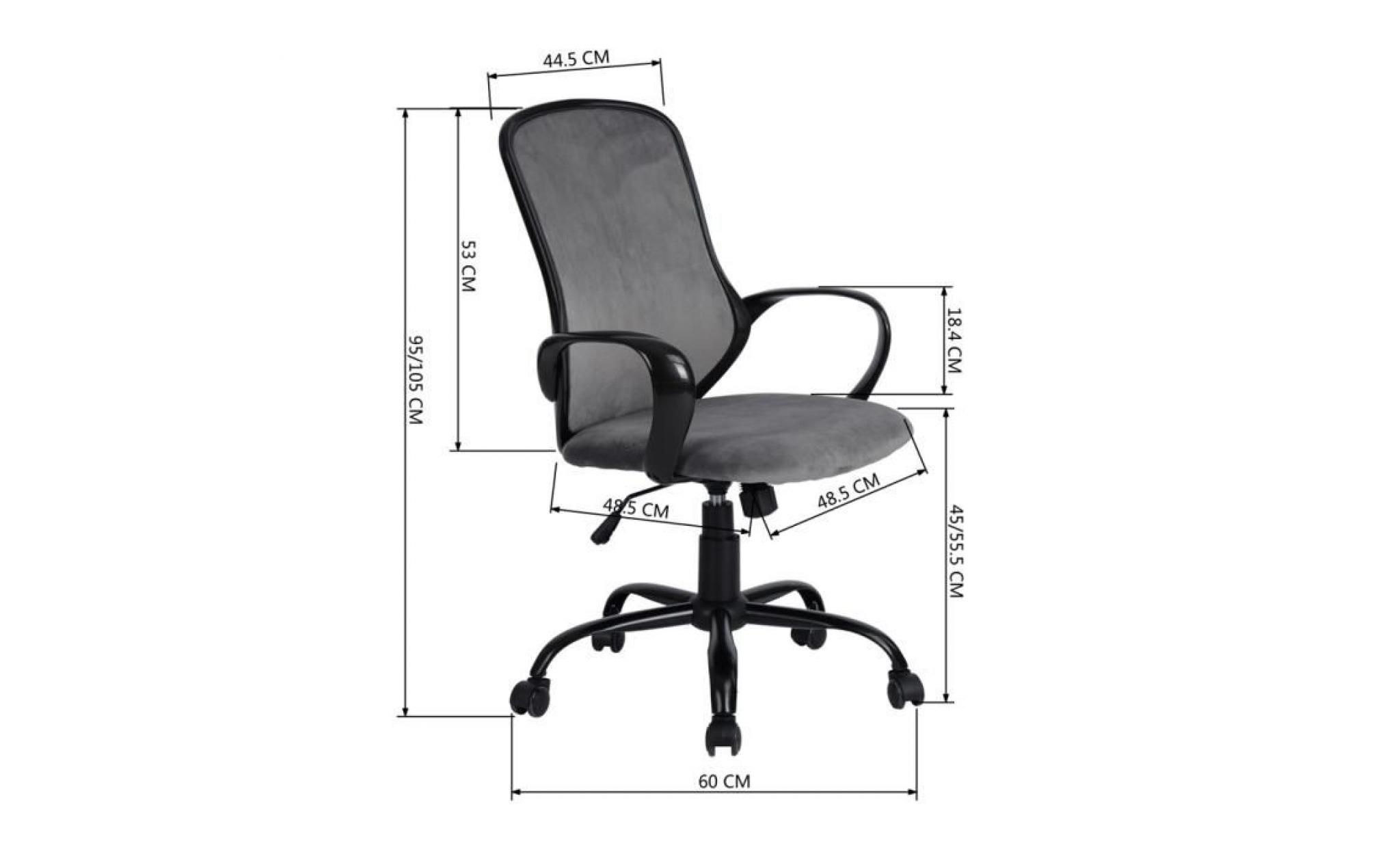 fauteuil de bureau gris foncé anthracite noir roulettes velours structure en plastique pp métal ajustable hauteur 64 x 63 x 95 105cm pas cher
