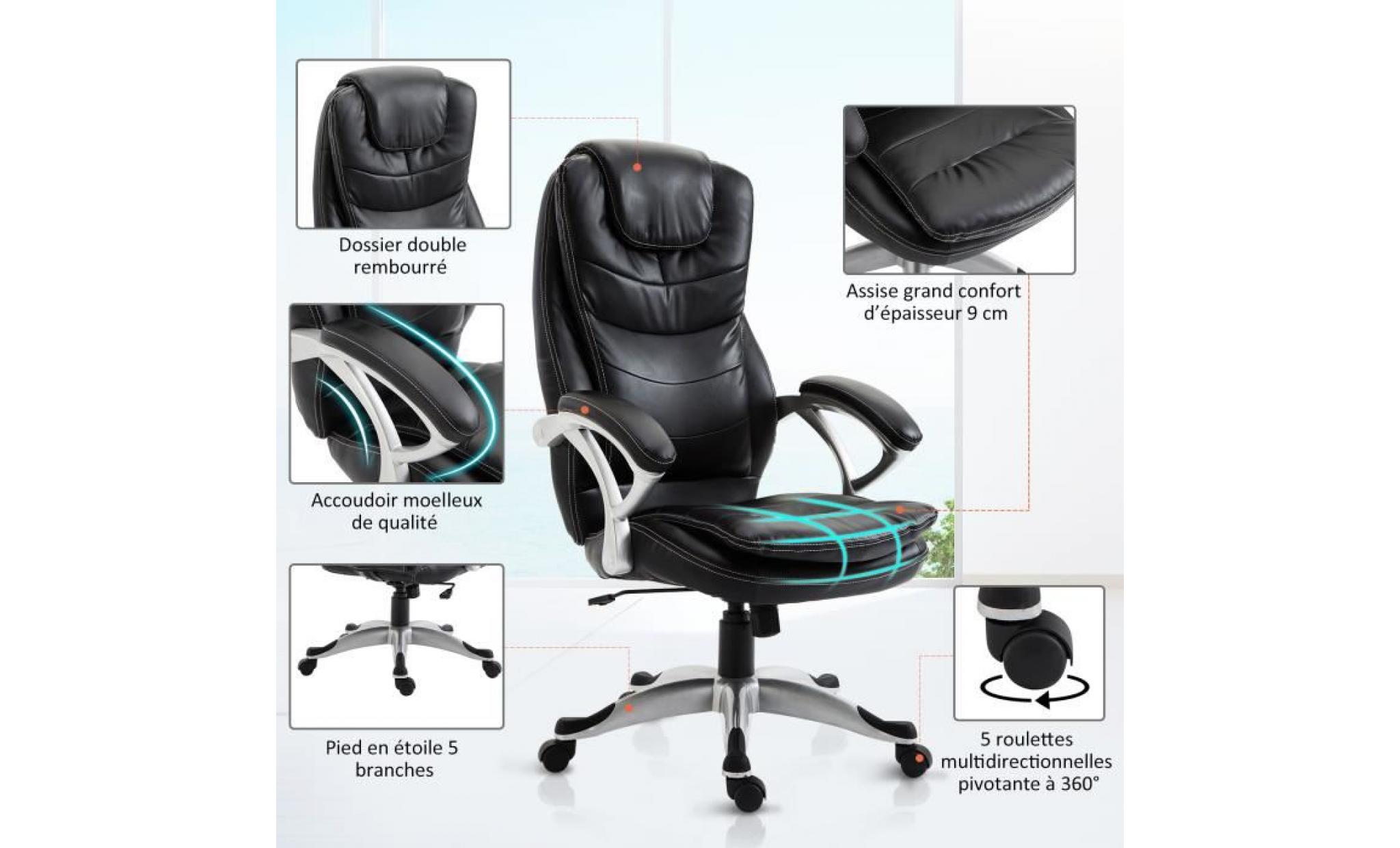 fauteuil de bureau manager grand confort double rembourrage assise dossier accoudoirs simili cuir noir pas cher