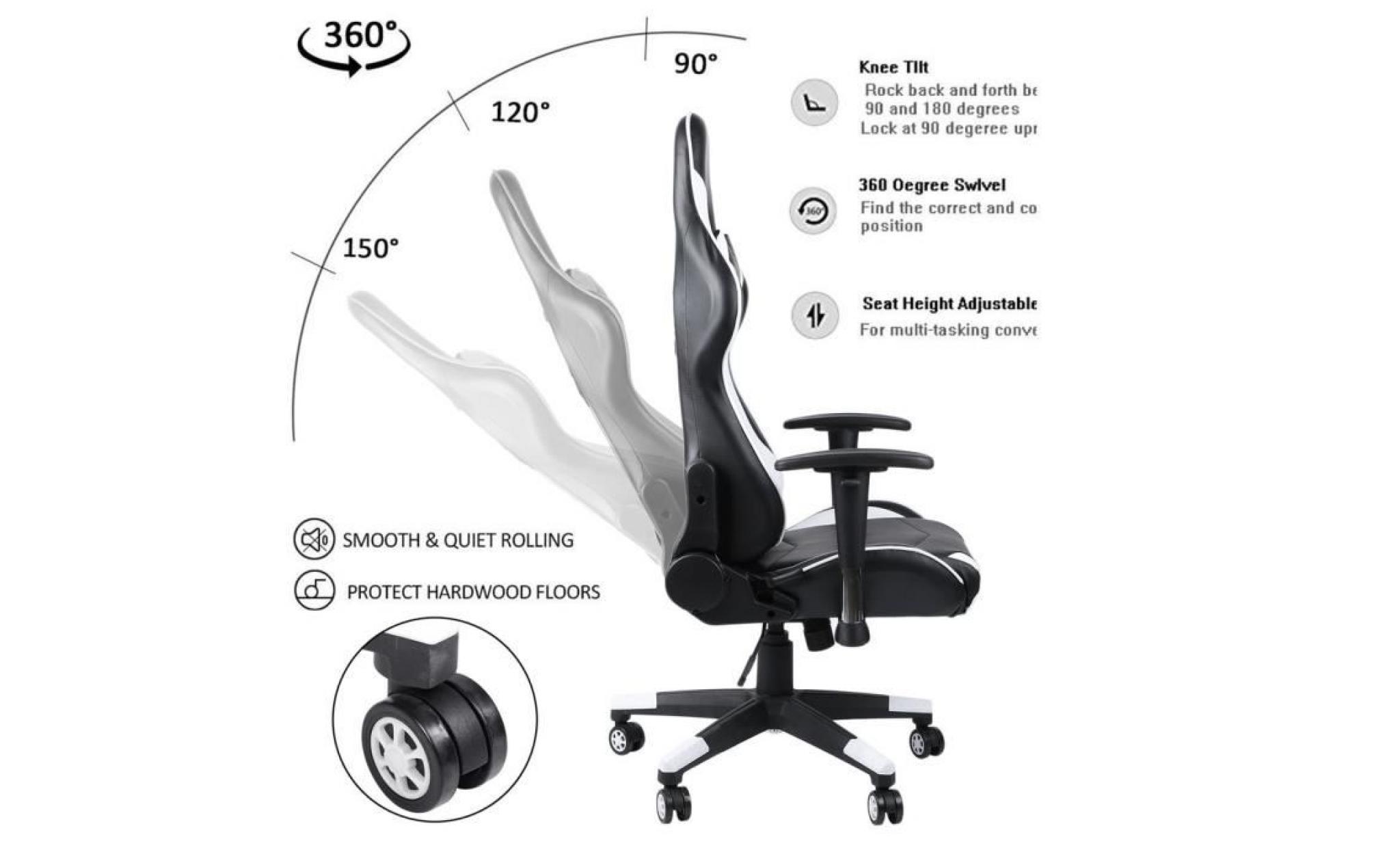 fauteuil de gaming chaise de bureau de gamer racing ergonomique dossier haut inclinable en similicuir pu avec accoudoirs avec pas cher