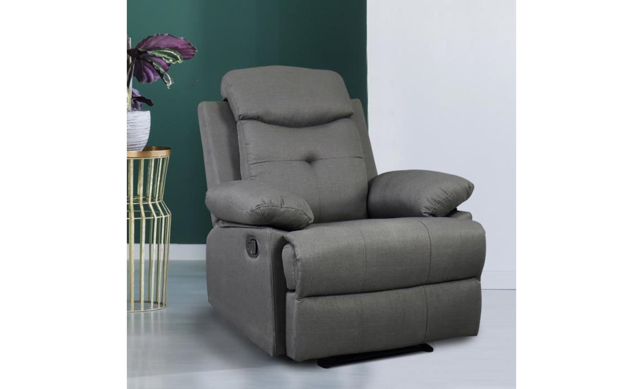 fauteuil de relaxation design contemporain dossier inclinable repose pied intégré ajustable revêtement tissu lin gris 84x95x97cm pas cher