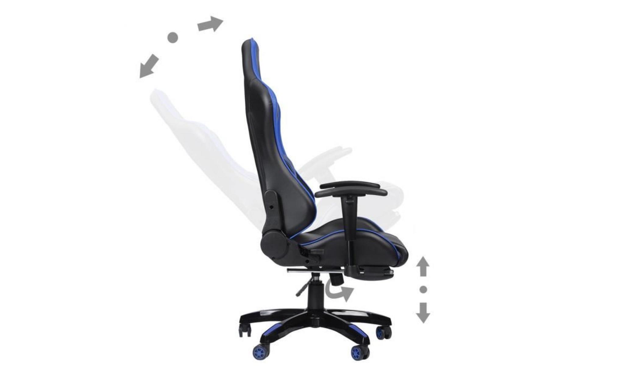 fauteuil gamer chaise de jeu avec repose pied, pivot à 135° hauteur réglable bleu pas cher