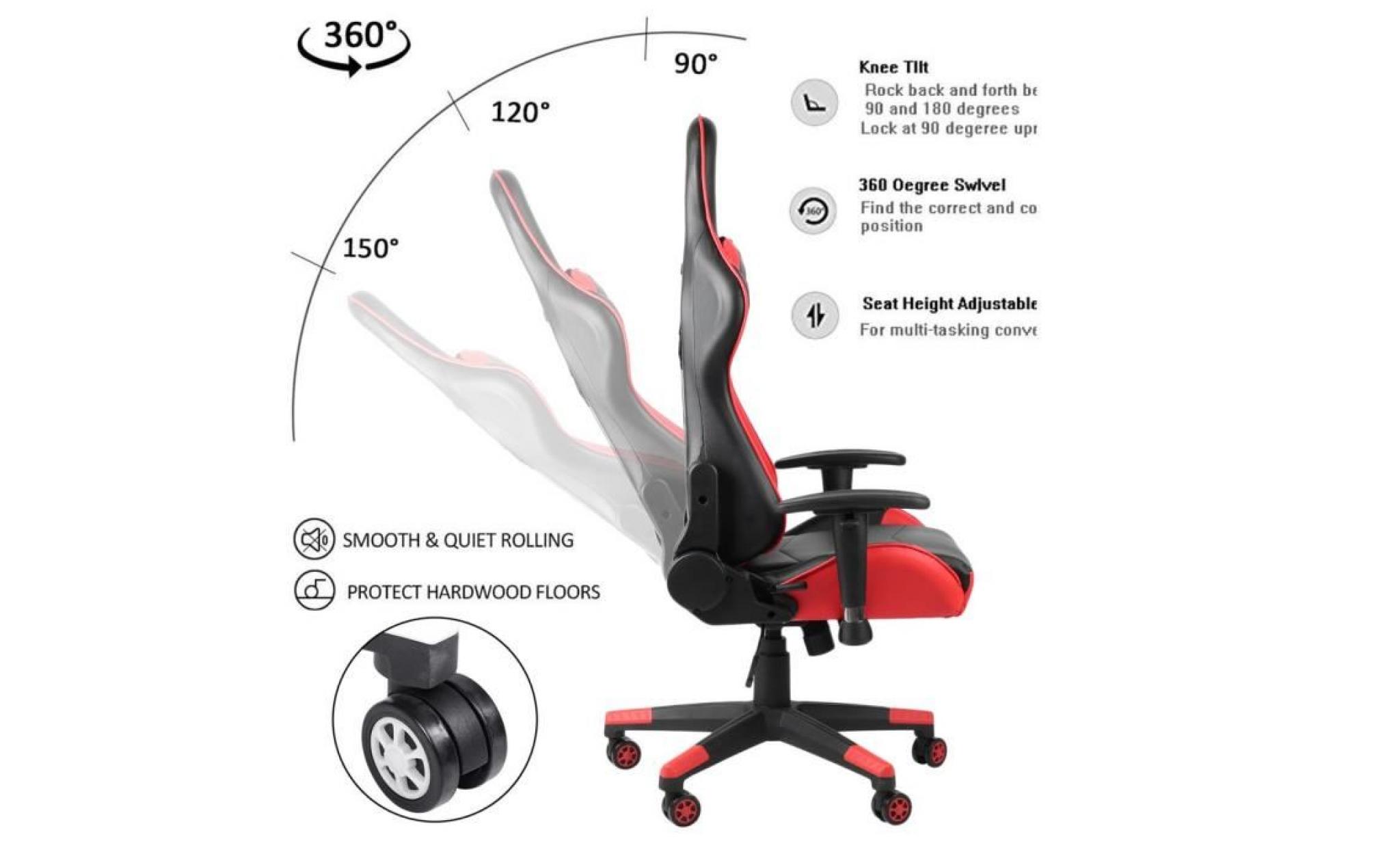 fauteuil gamer chaise de jeu de bureau hauteur réglable 360° rotation avec repose pied roues siège pu rouge pas cher