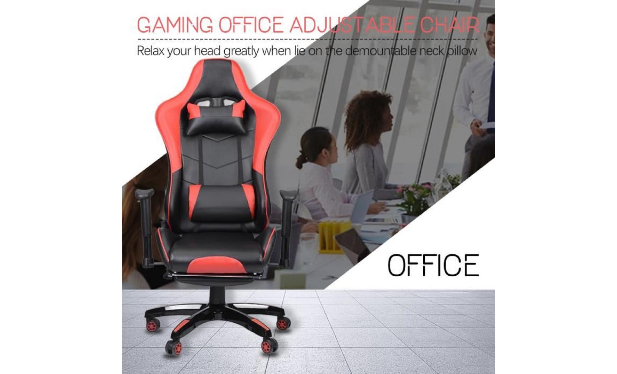 fauteuil gamer chaise de jeu de bureau roulettes à 360 degrés pivot à 135° hauteur réglable siège pu rouge