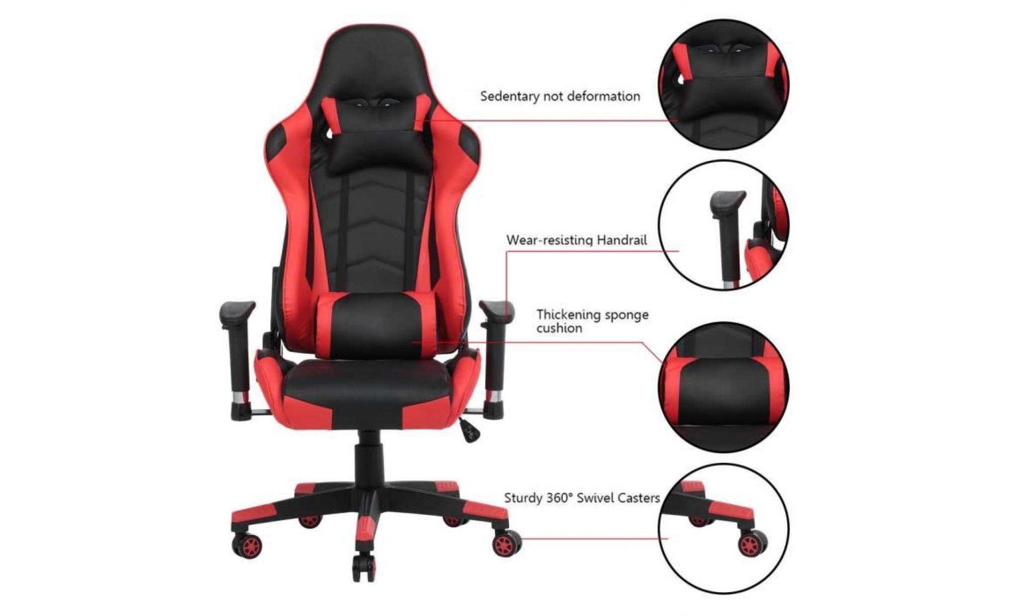 fauteuil gamer chaise de jeu fauteuil gaming hauteur réglable avec support lombaire et coussin avec repose pied, pivot à 150° rouge pas cher
