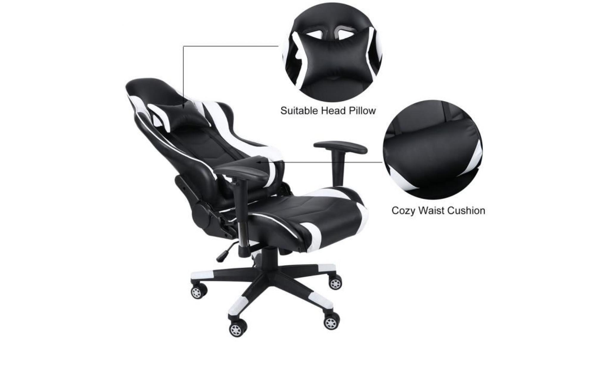 fauteuil gamer design modern ergonomique chaise de jeu avec pivot d'appui tête à 150 ° haut dossier blanc pas cher