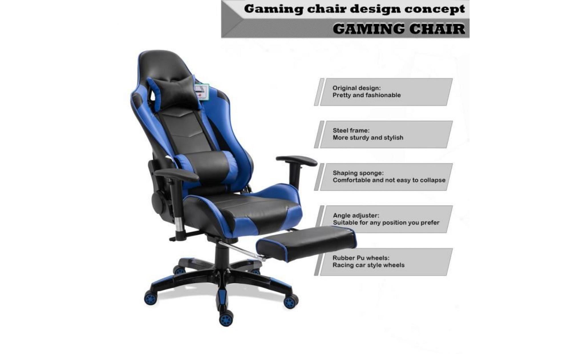 fauteuil gamer ergonomique chaise racing inclianble coussin têtière et lombaire repose pieds bleu