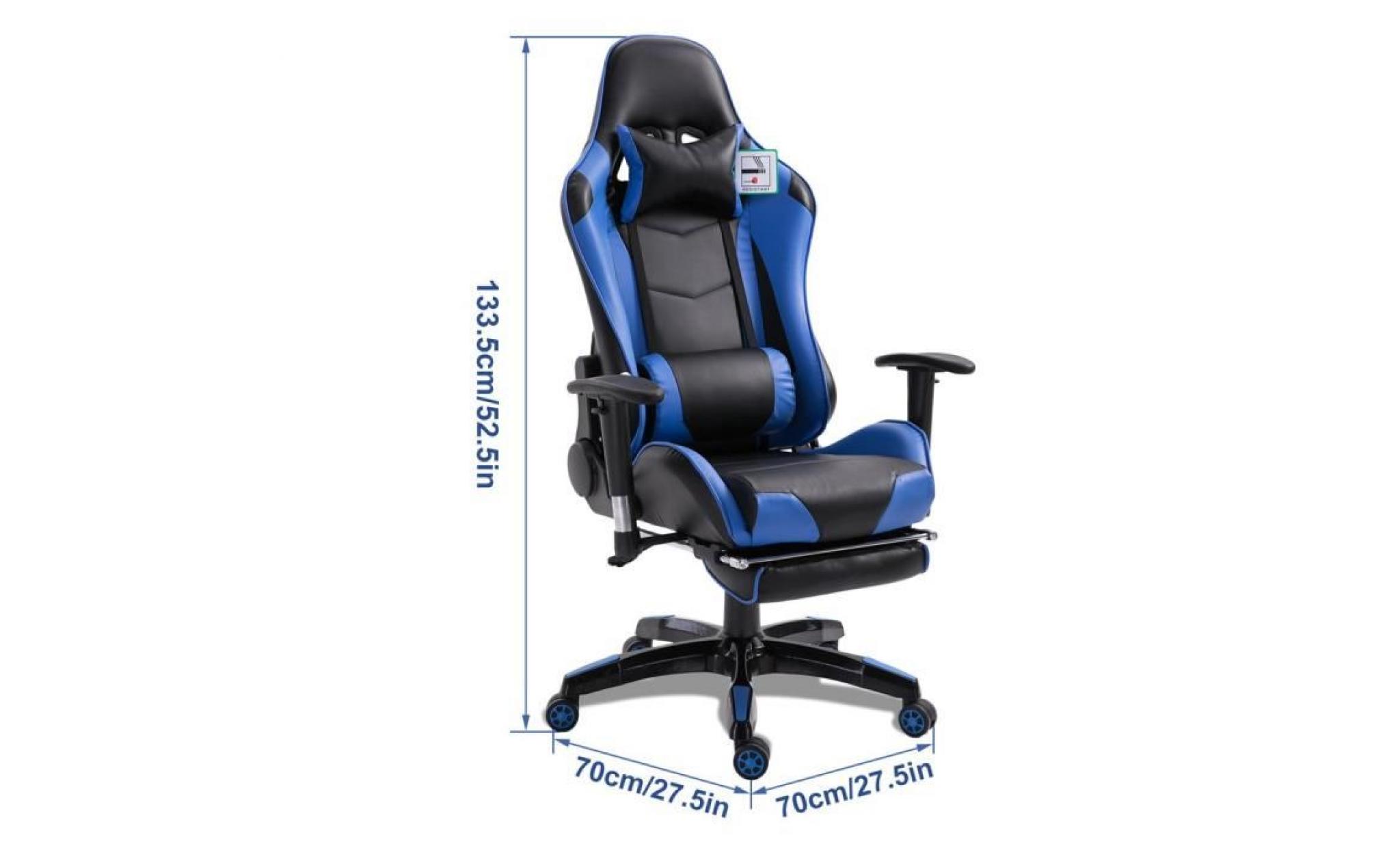 fauteuil gamer ergonomique chaise racing inclianble coussin têtière et lombaire repose pieds bleu pas cher