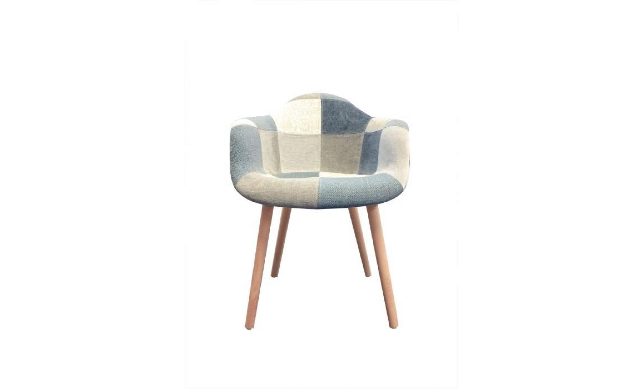 fauteuil tissu patchwork bleu beige gris   chaise design scandinave   pieds bois   azur