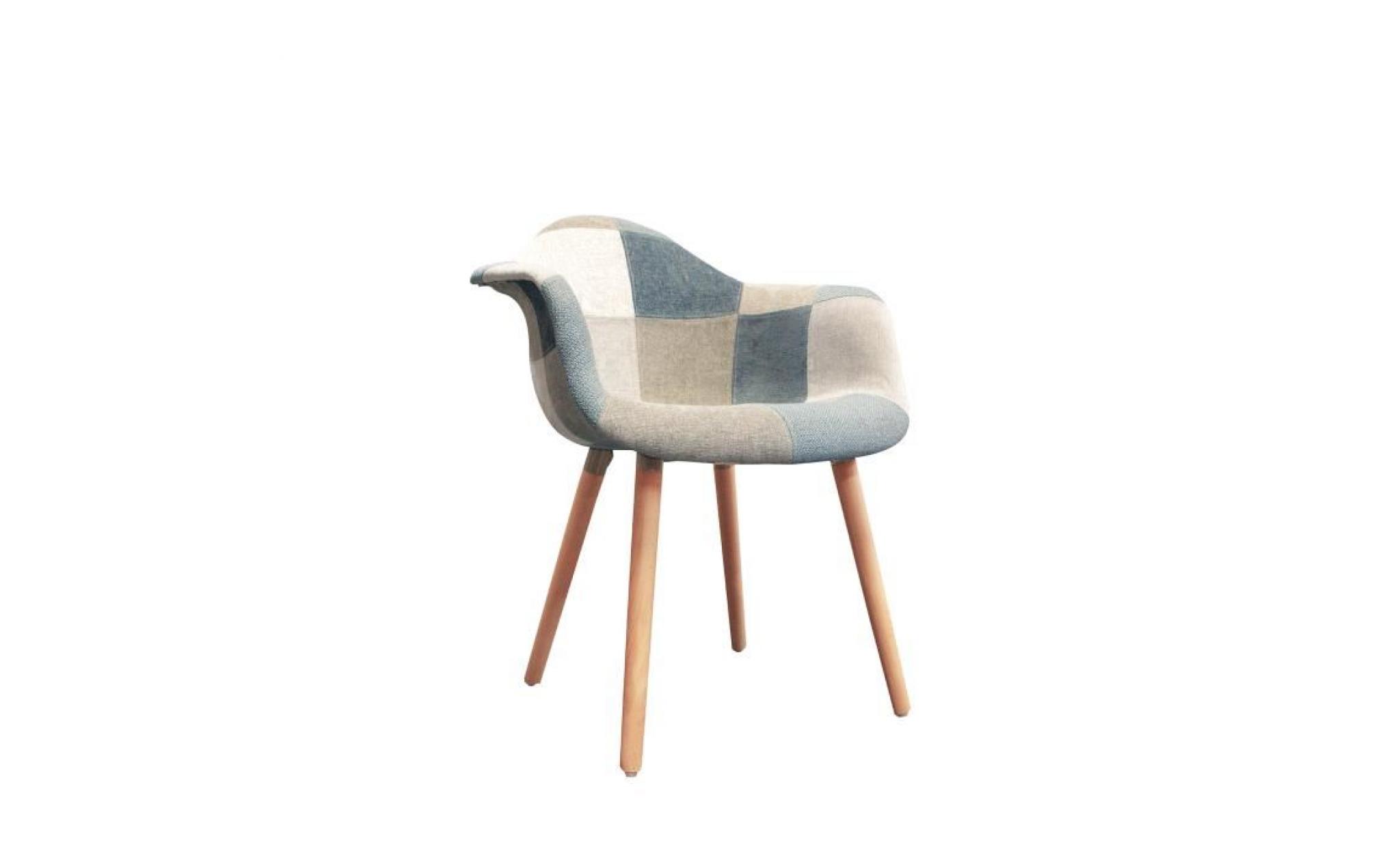 fauteuil tissu patchwork bleu beige gris   chaise design scandinave   pieds bois   azur pas cher