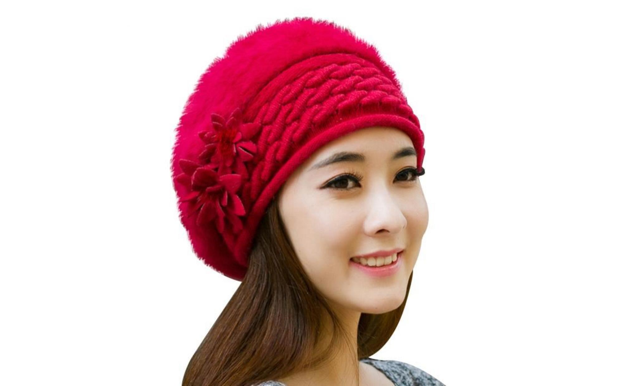 femmes hiver mode fleur motif chapeau ski beanie ball bonnet tricoté charmant vin rouge