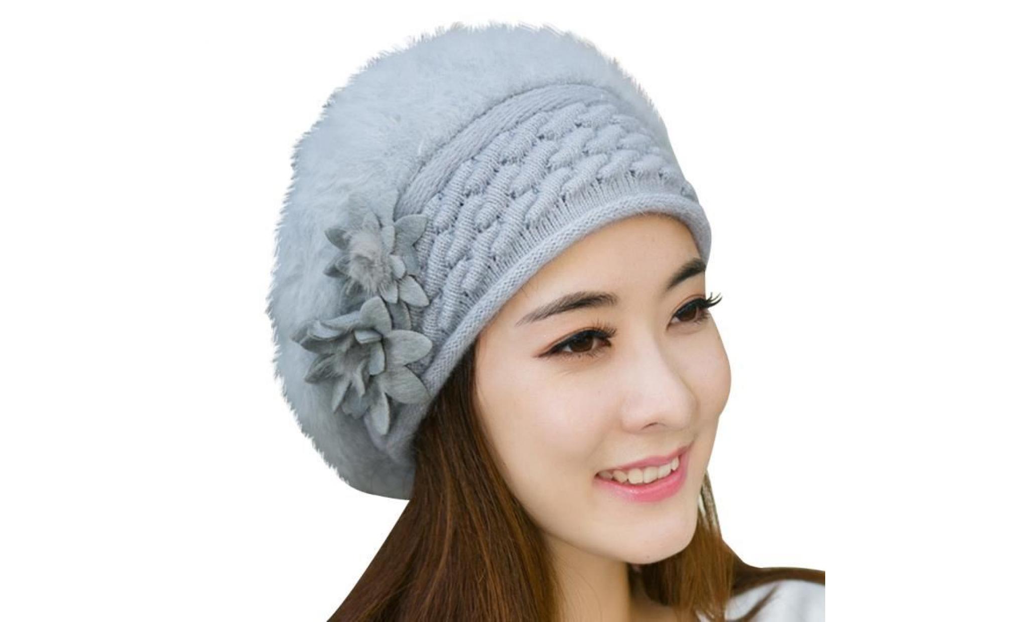 femmes hiver motif fleur motif chapeau ski bonnet balle tricoté bonnet charmant gris clair