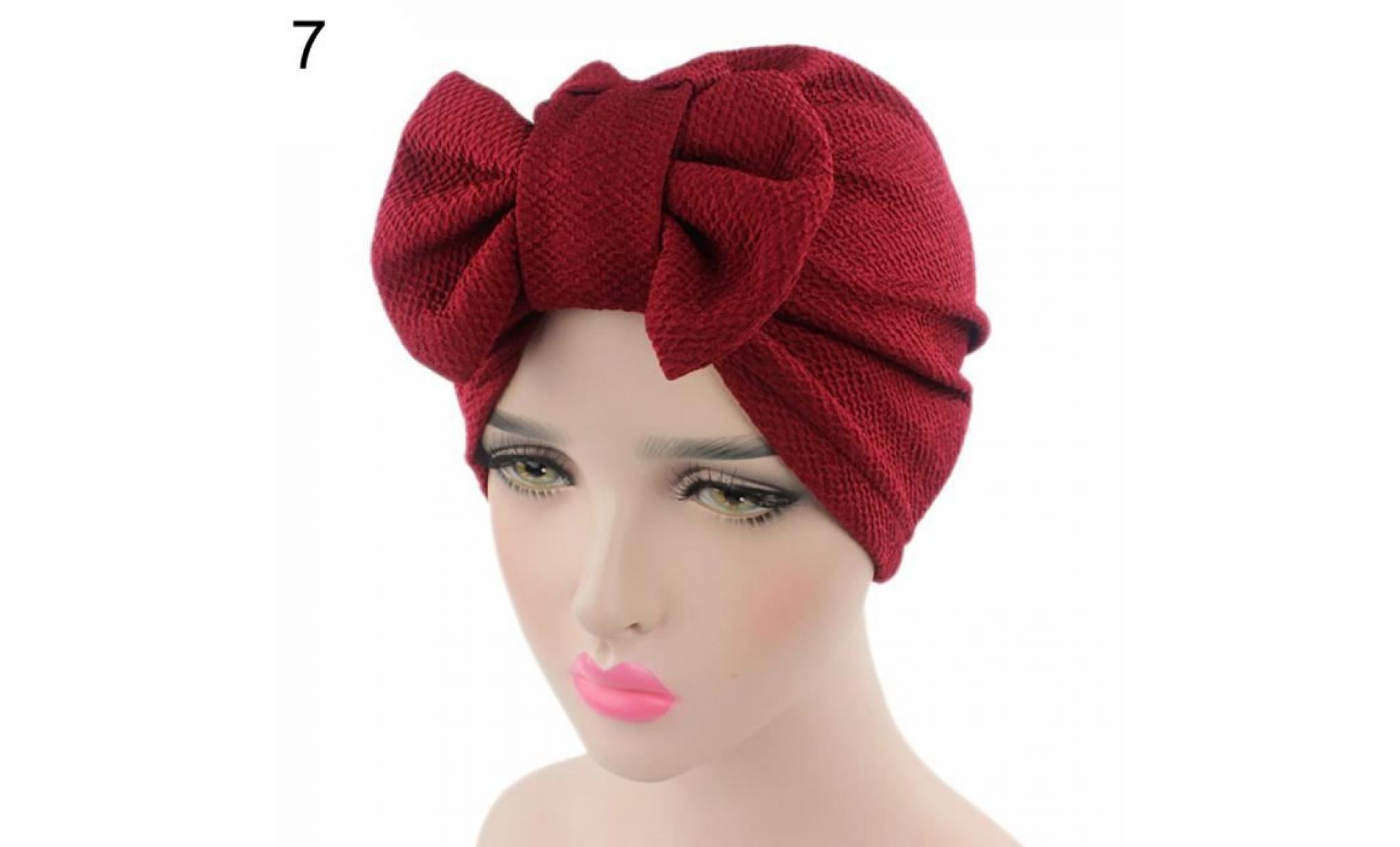 femmes turban stretchy cancer chemo bonnet bowknot plissée headwrap cheveux hjab chapeau vin rouge