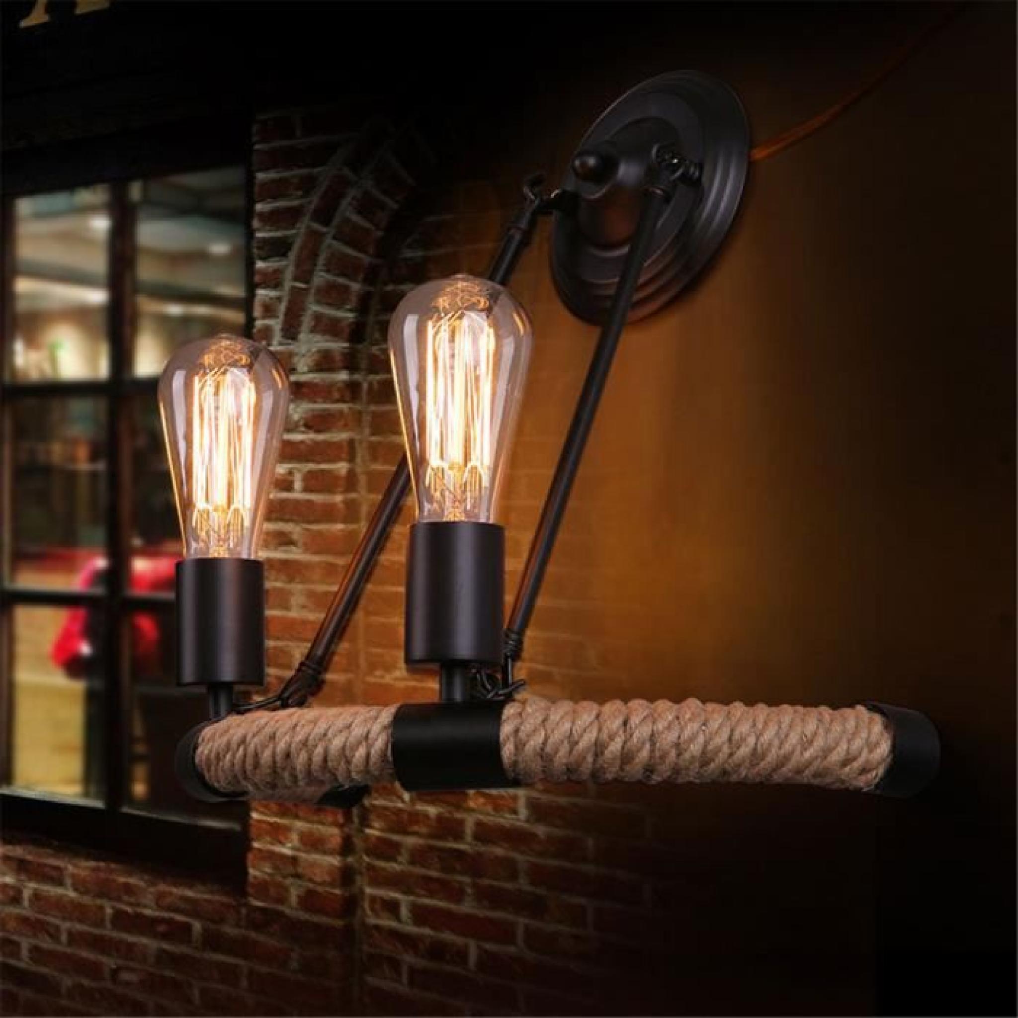 FerandHome Rétro Appliques Lampe de Mûr Luminaire Mûrale Desgin Classique Mode Hôtel Couloir Allée Chanvre 2 Douilles