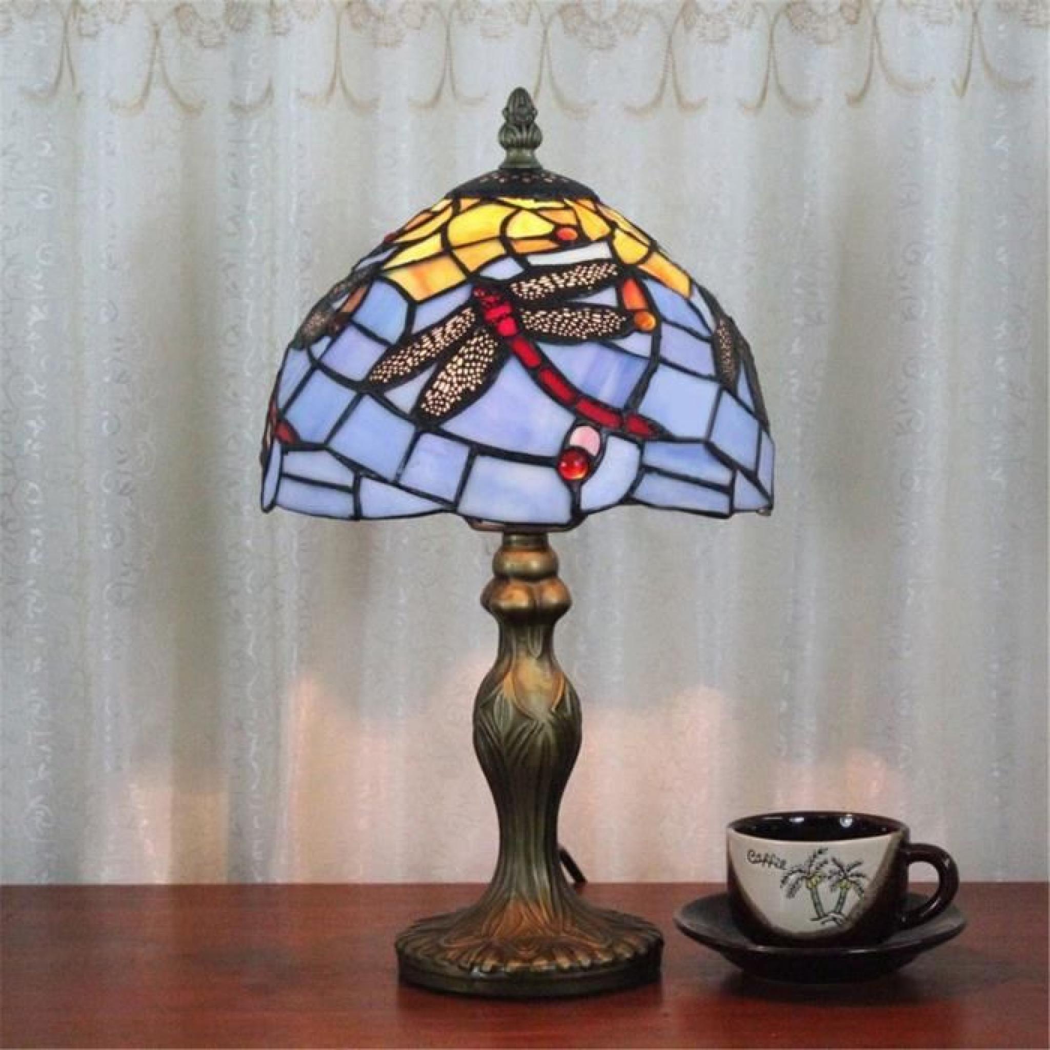 FerandHome Rétro Lampe de Table Lampe de Chevet Classique Style Salon Bureau Chambre Libellule Vert