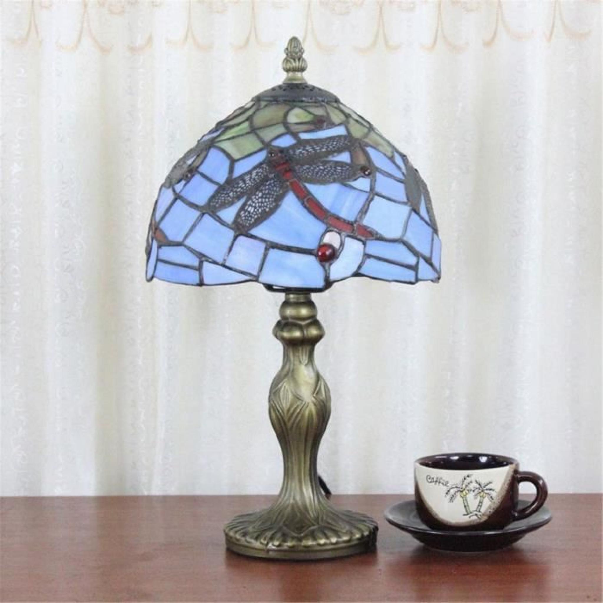 FerandHome Rétro Lampe de Table Lampe de Chevet Classique Style Salon Bureau Chambre Libellule Vert pas cher