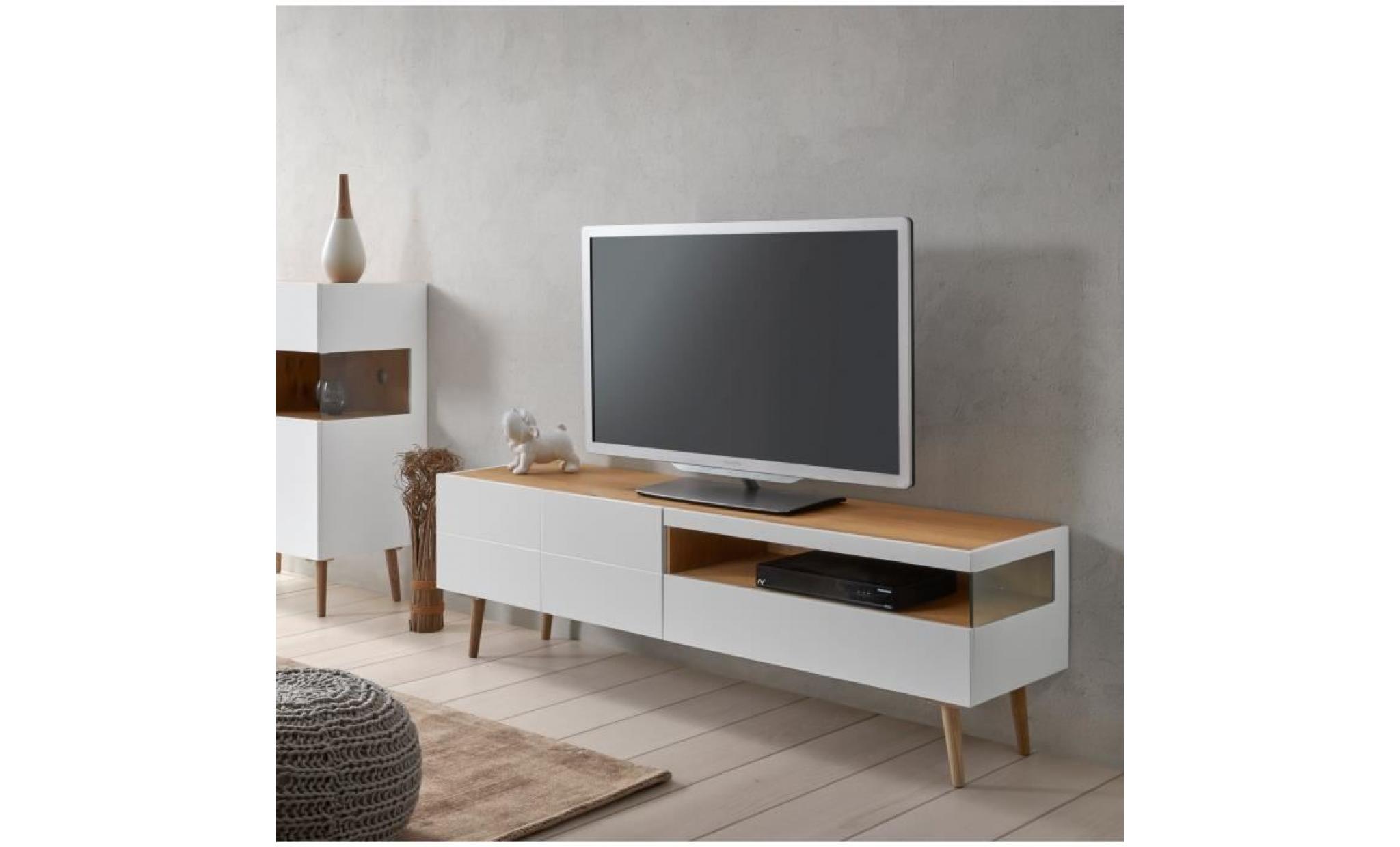 fiaro meuble tv contemporain blanc avec pieds en bois   l 160 cm pas cher