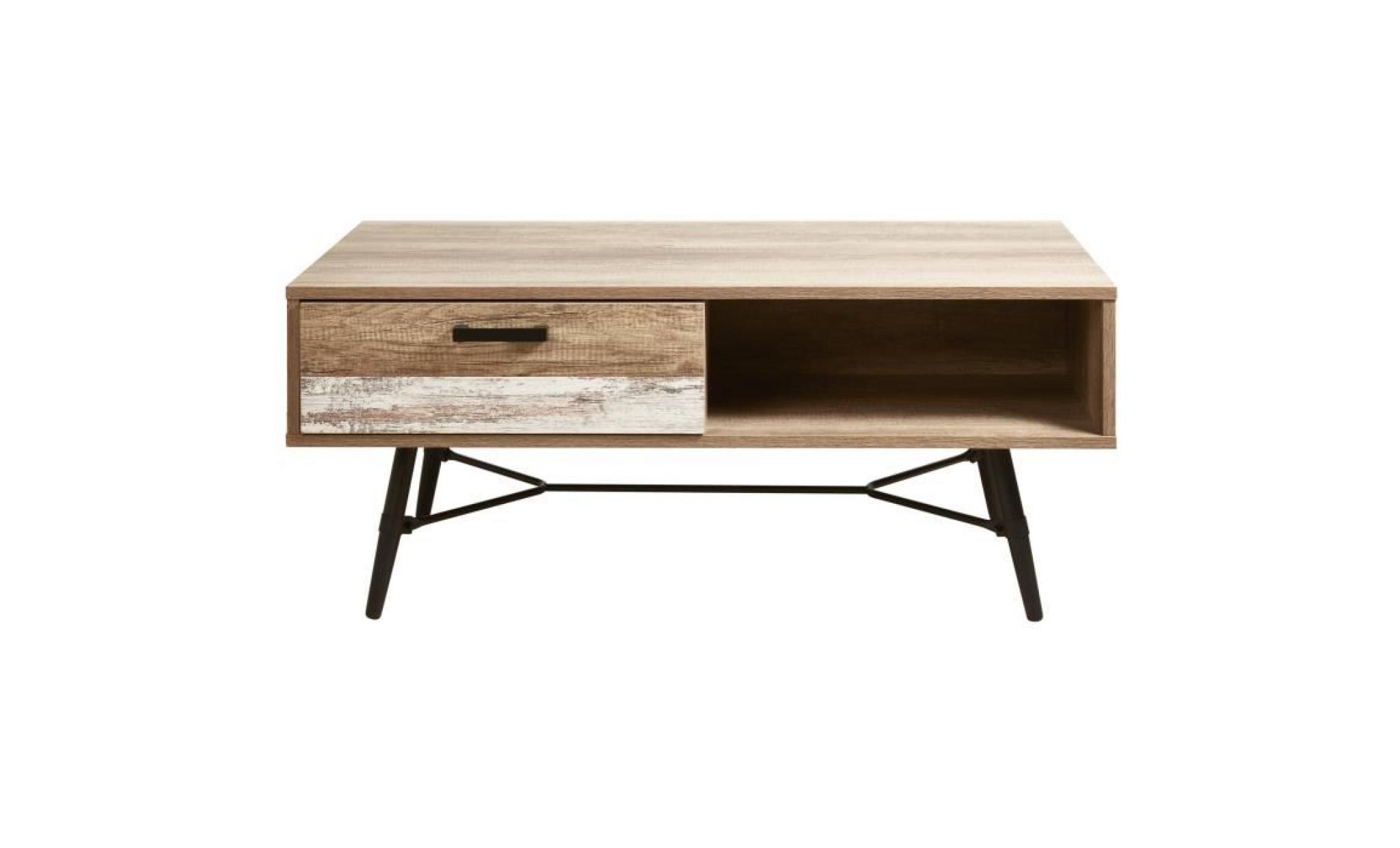 fidji table basse style industriel décor chêne + pieds en métal noir   l 120 x l 59 cm pas cher