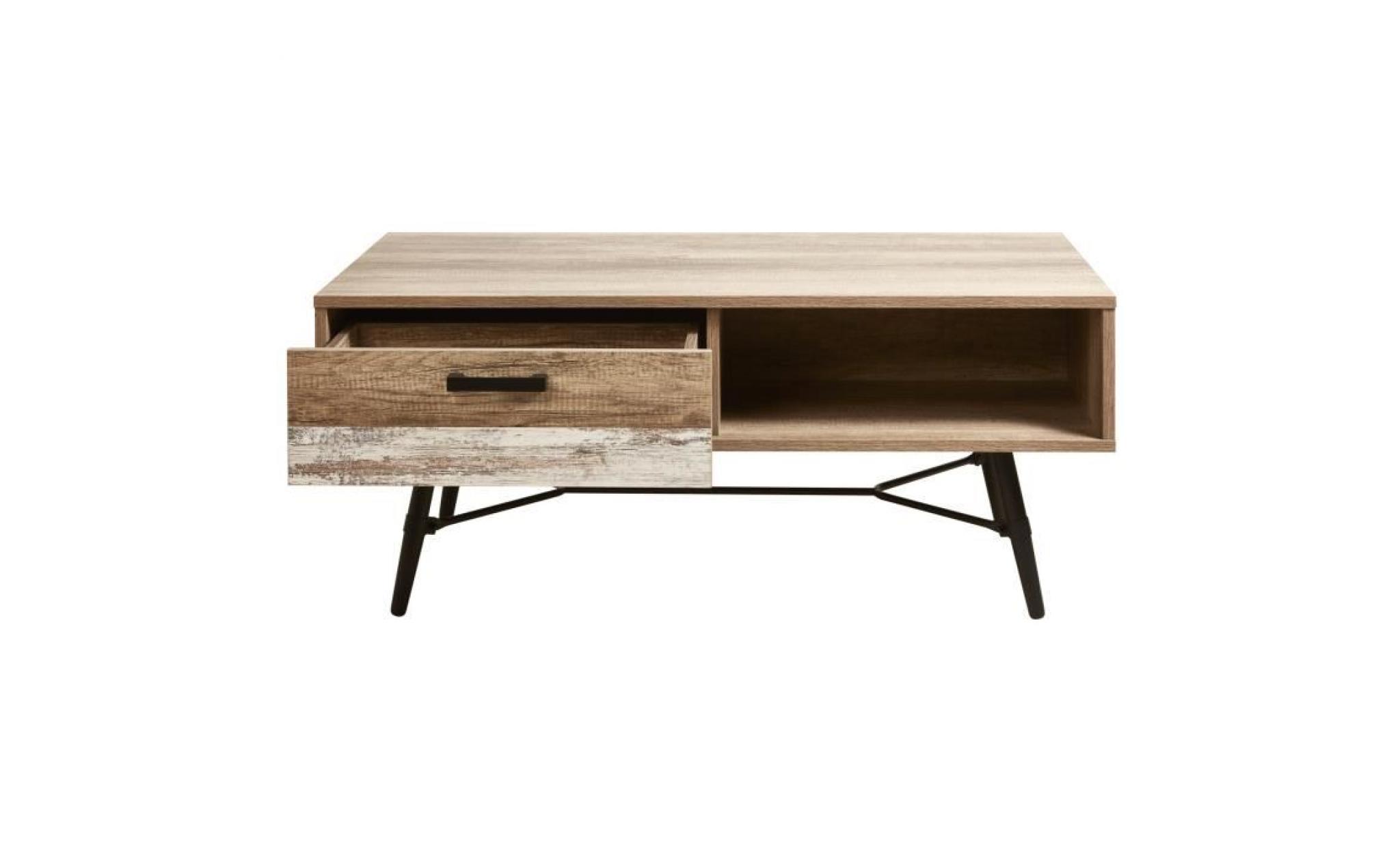 fidji table basse style industriel décor chêne + pieds en métal noir   l 120 x l 59 cm pas cher