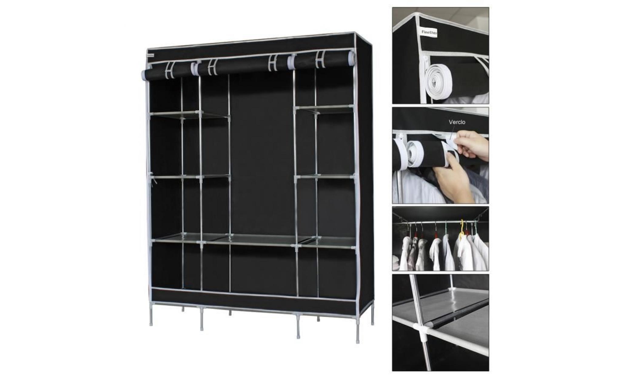 finether armoire de chambre à 3 portes tissu non tissé armoire de rangement pliable en alliage d'aluminium fort durable noir pas cher