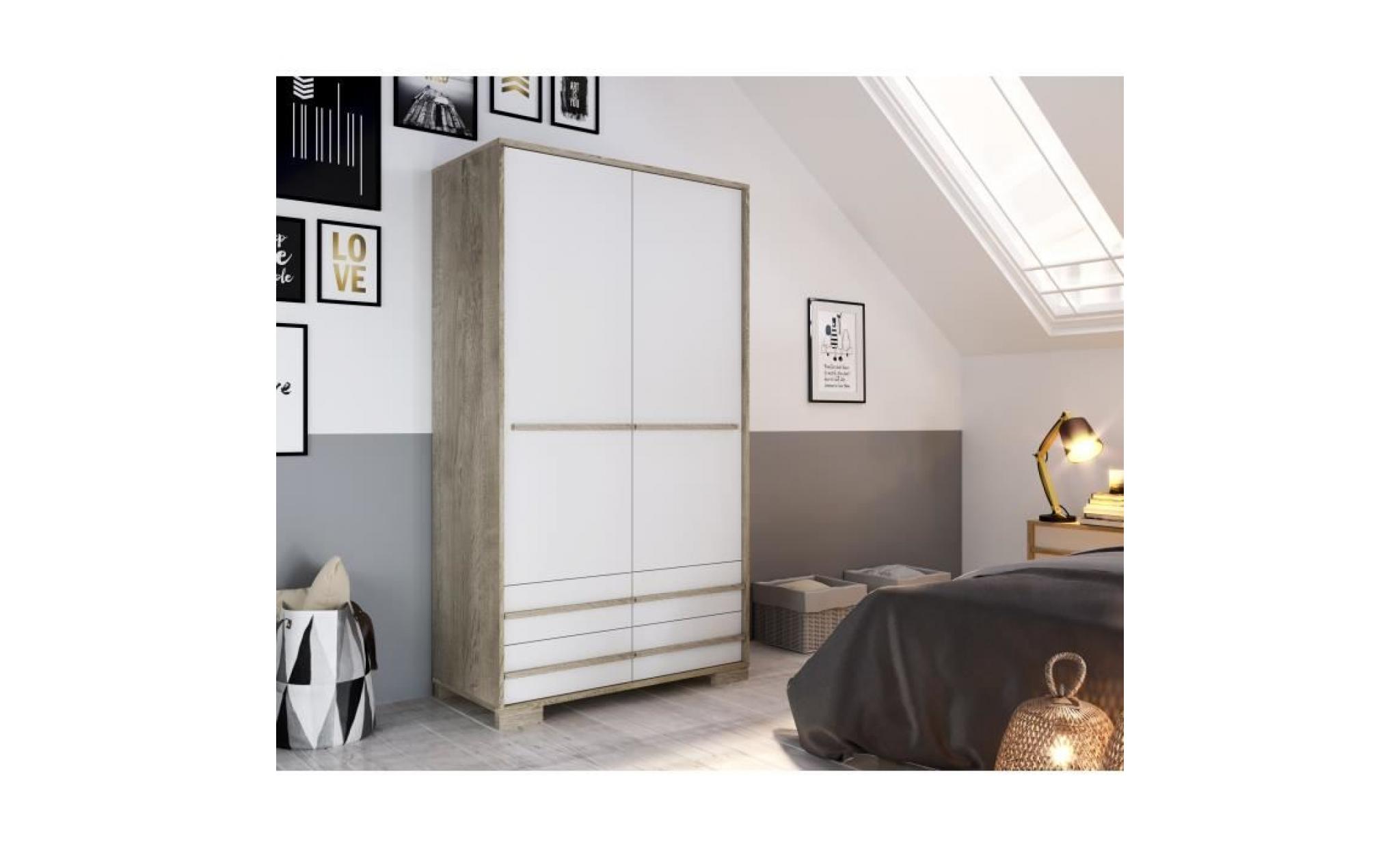 finlandek armoire de chambre charleston style contemporain décor chêne et blanc   l 100 cm pas cher