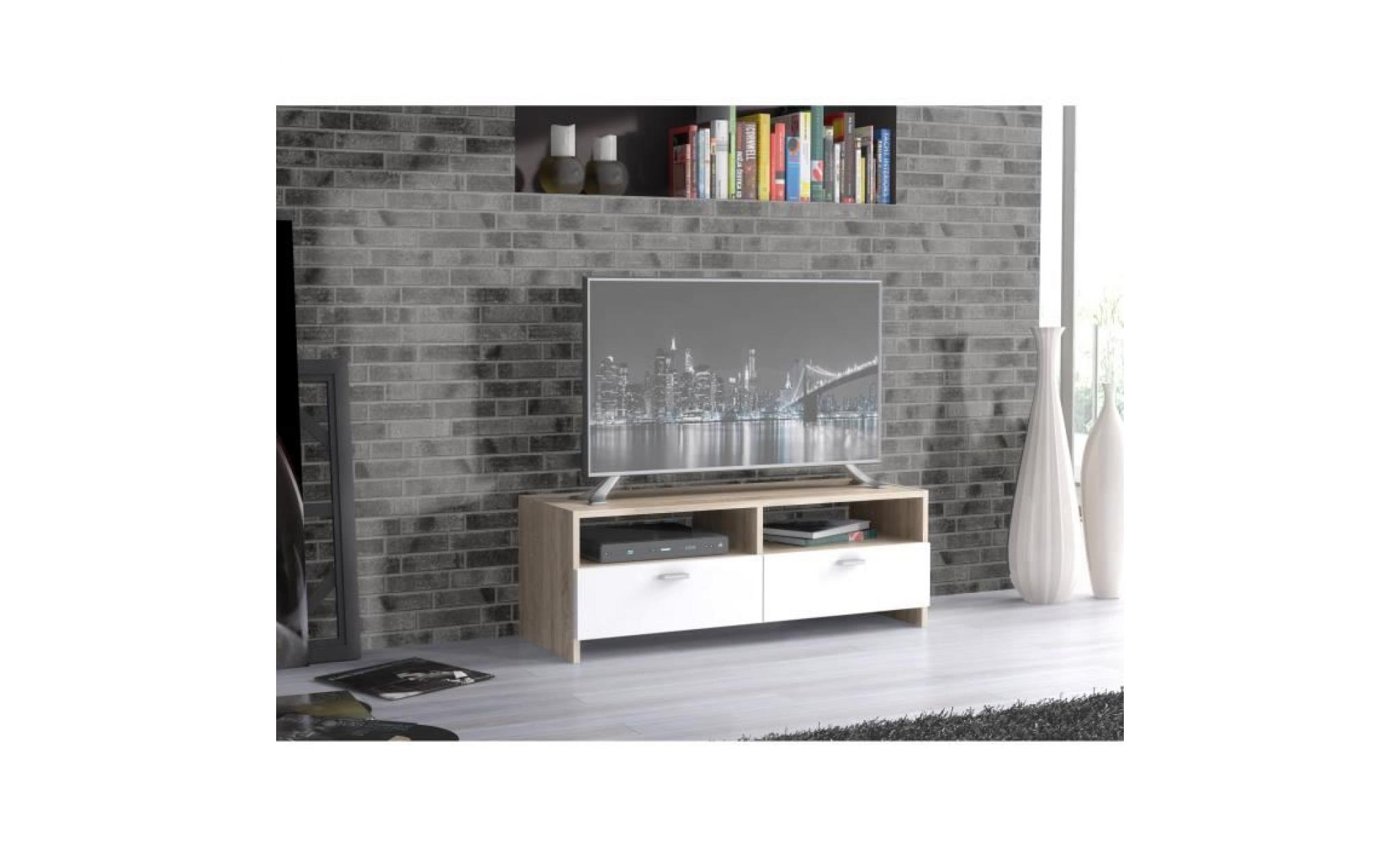 finlandek meuble tv helppo contemporain blanc mat et décor chêne   l 95 cm
