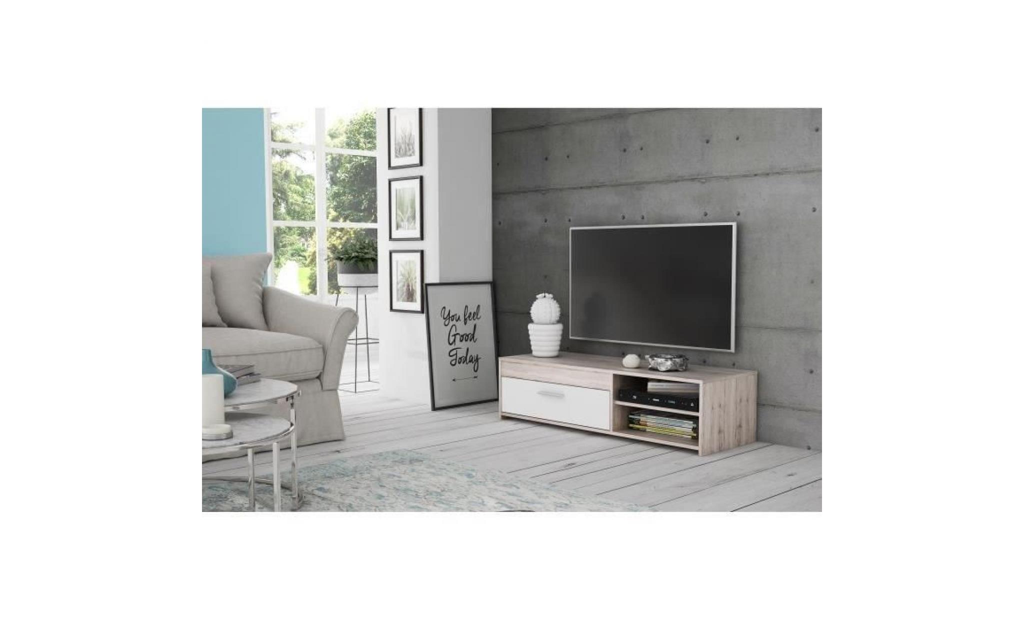 finlandek meuble tv katso contemporain décor chêne cendré et blanc brillant   l 160 cm