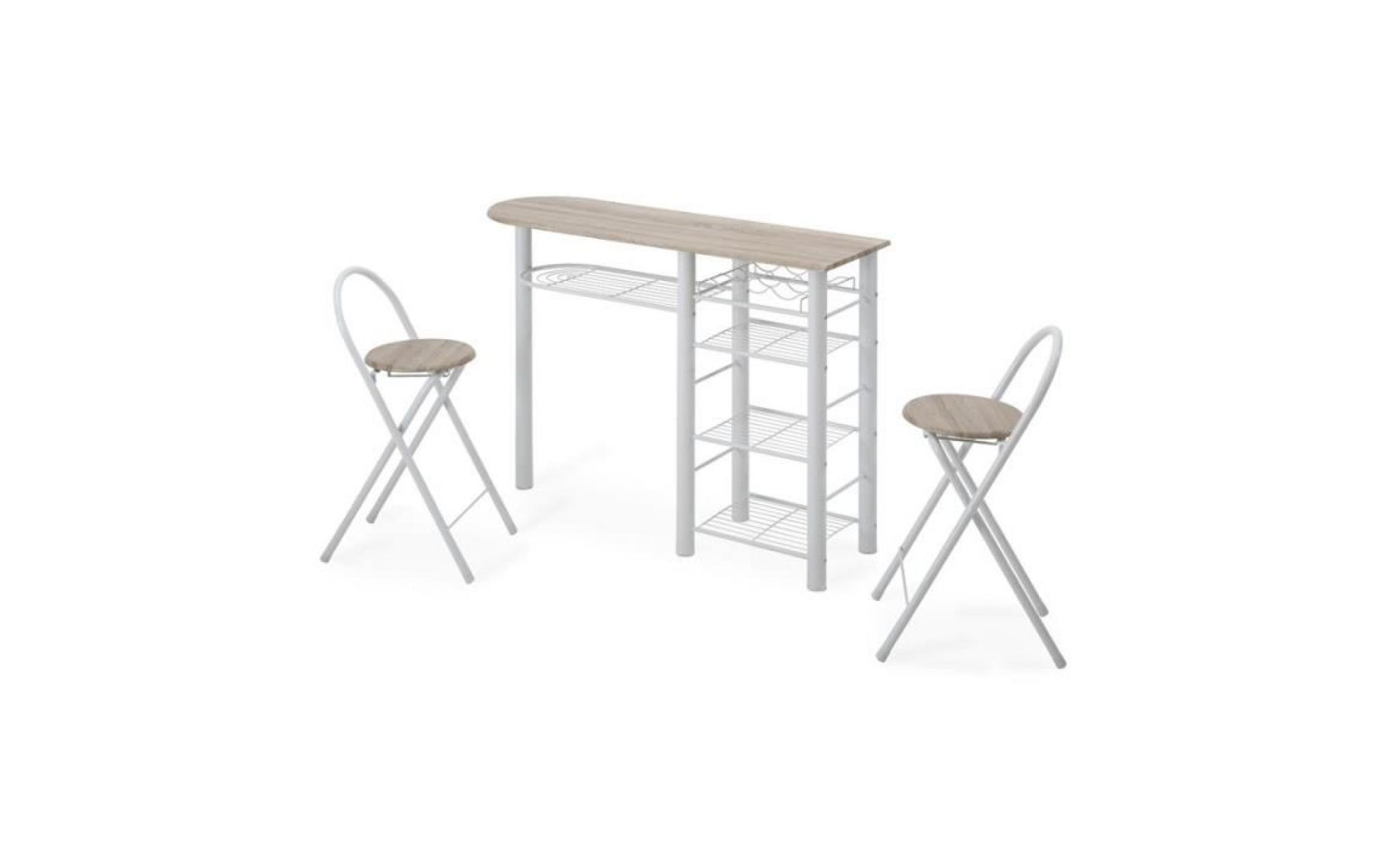 first table bar en métal et mdf 2 personnes 120x40 cm + 2 tabourets   décor chêne et blanc pas cher