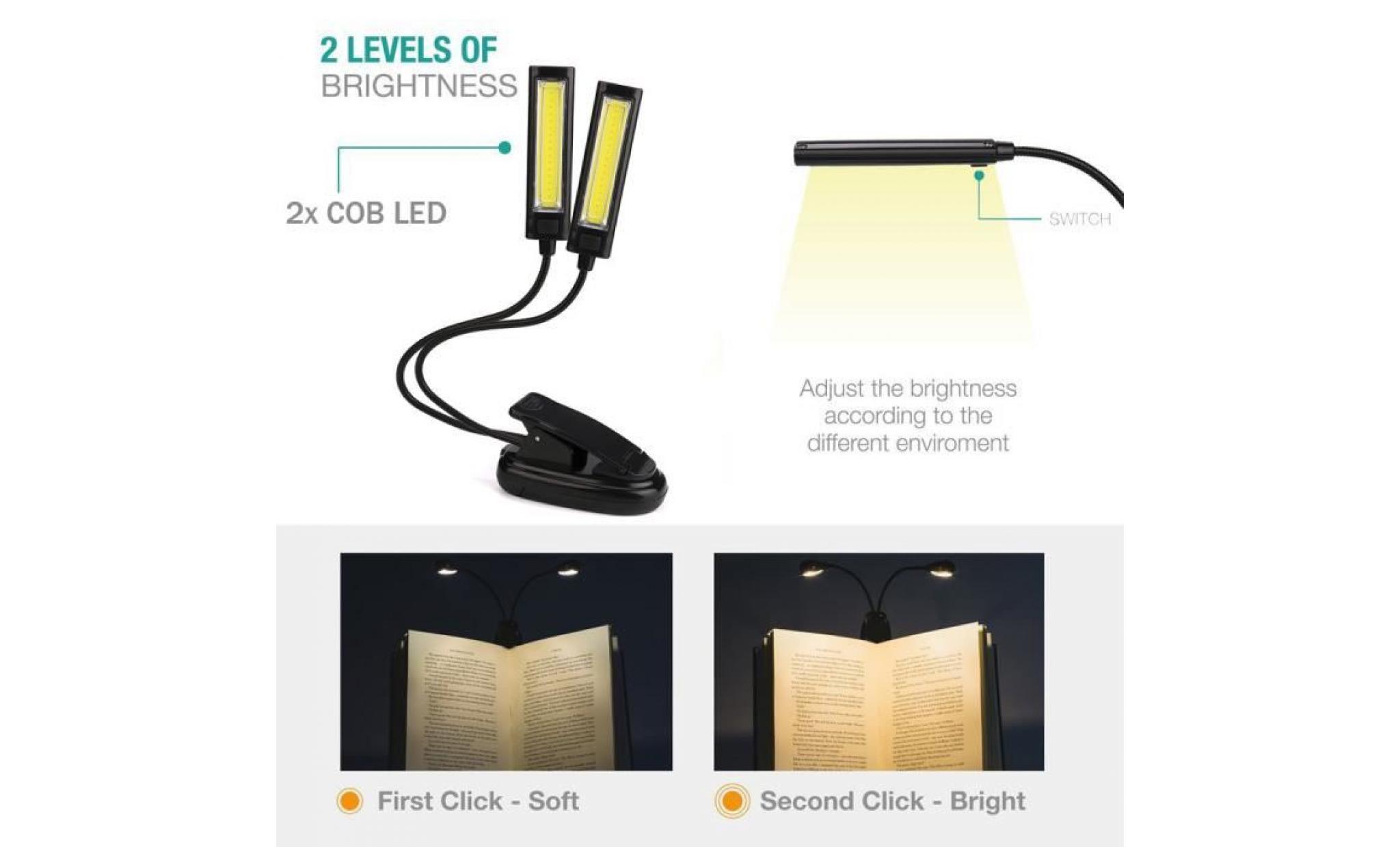 flexible usb clip on 2x led cob light reading bureau d'étude lampe de table rechargeable dj1326 pas cher