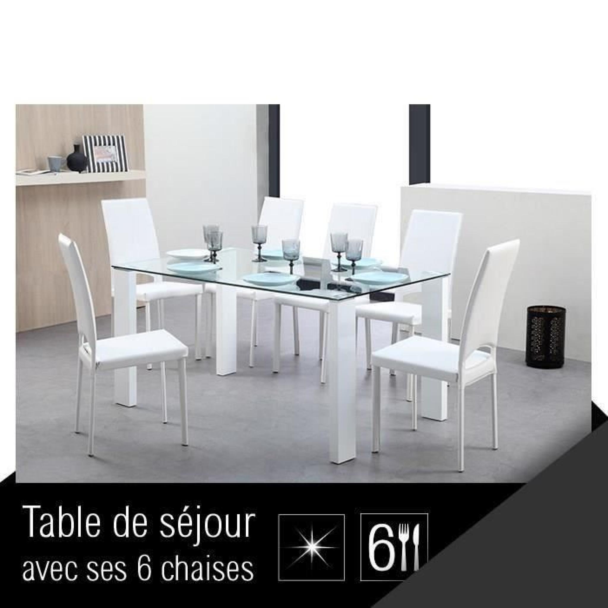 FREEZE Ensemble table à manger + 6 chaises en simili blanc 150x90cm