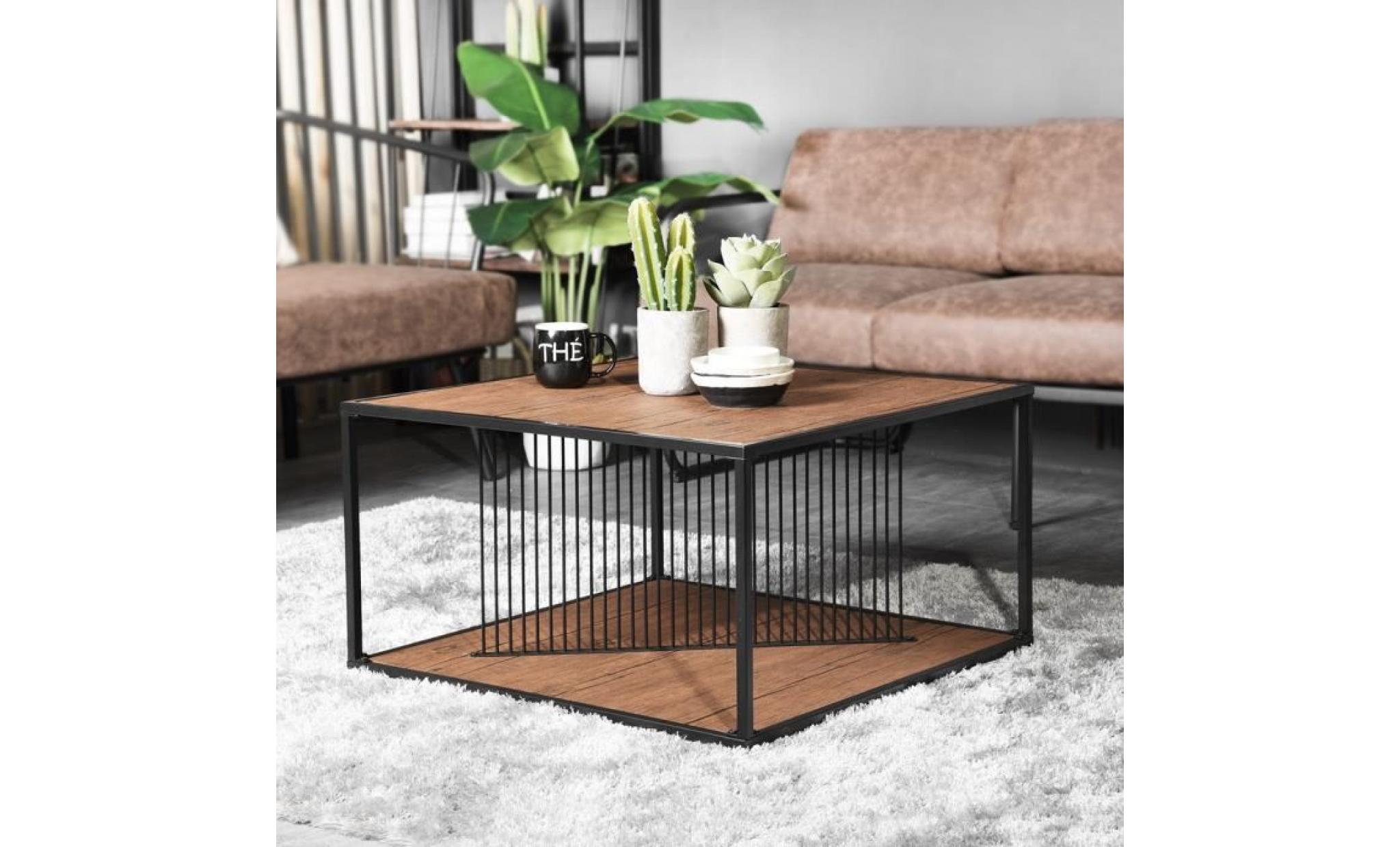 furnish 1 table de salon carrée rustique vintage moderne en métal avec cadre en fer, étagère de rangement en bois, brun pas cher