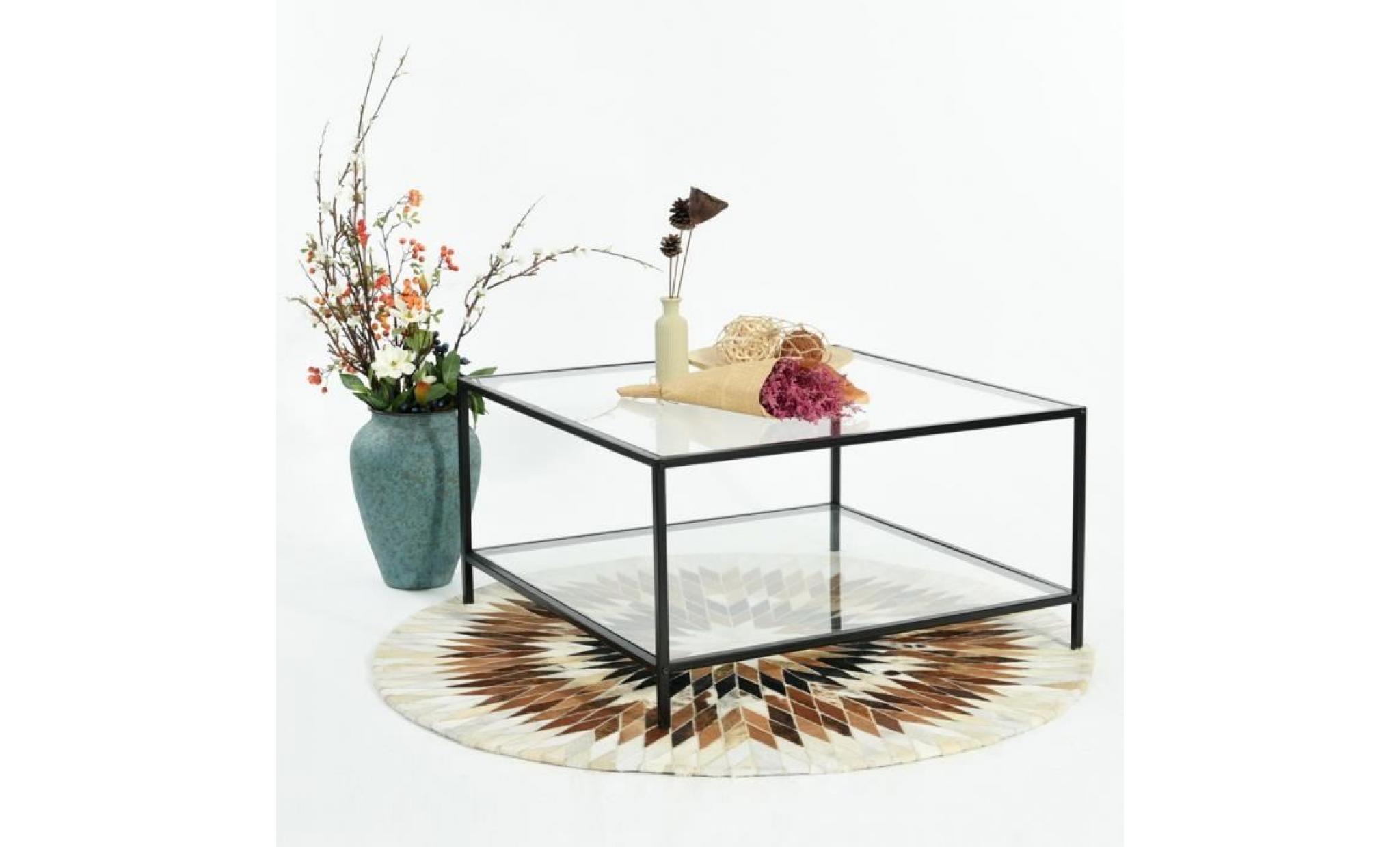 furniturer table basse carrée verre métal   noir moderne    80x80x42cm