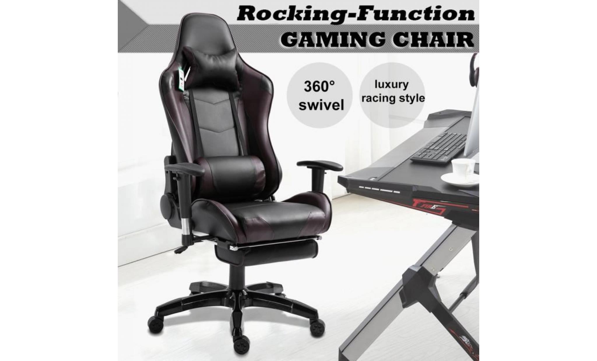 gaming fauteuil pu cuir dossier réglable chaise roulant de bureau avec repose pied noir et brun