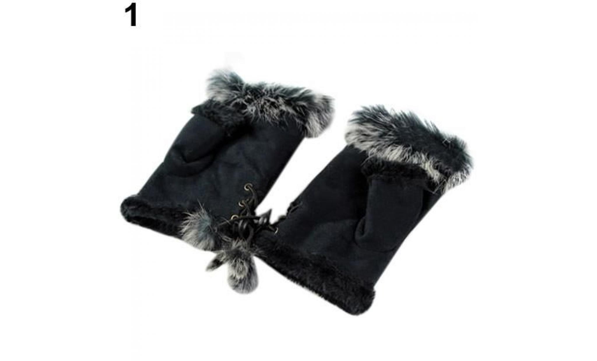 gants de poignet mitaines en similicuir avec fourrure synthétique en similicuir pour femmes, noir