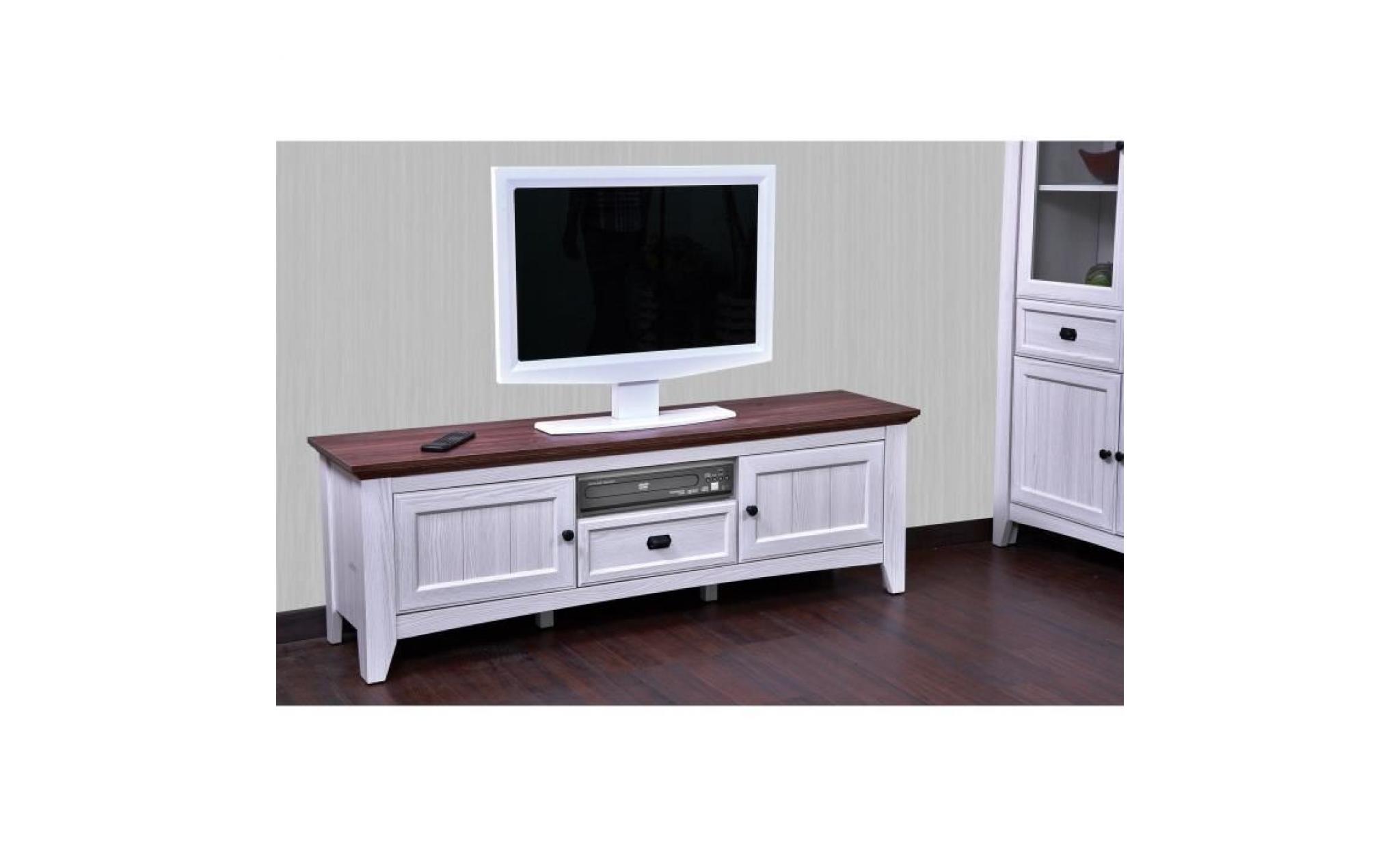 glenville meuble tv contemporain décor blanc patiné et chêne   l 160 cm pas cher