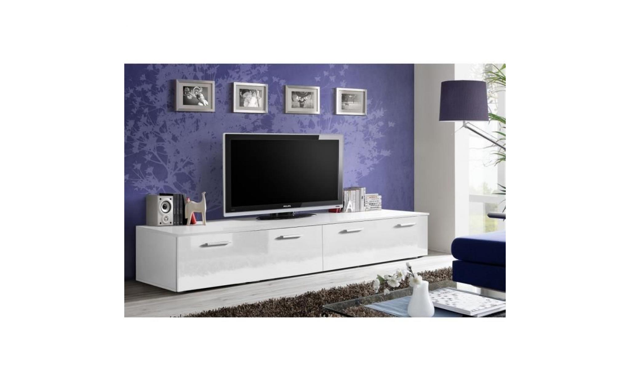 grand meuble tv duo 200x35x45 cm   blanc de haute brillance