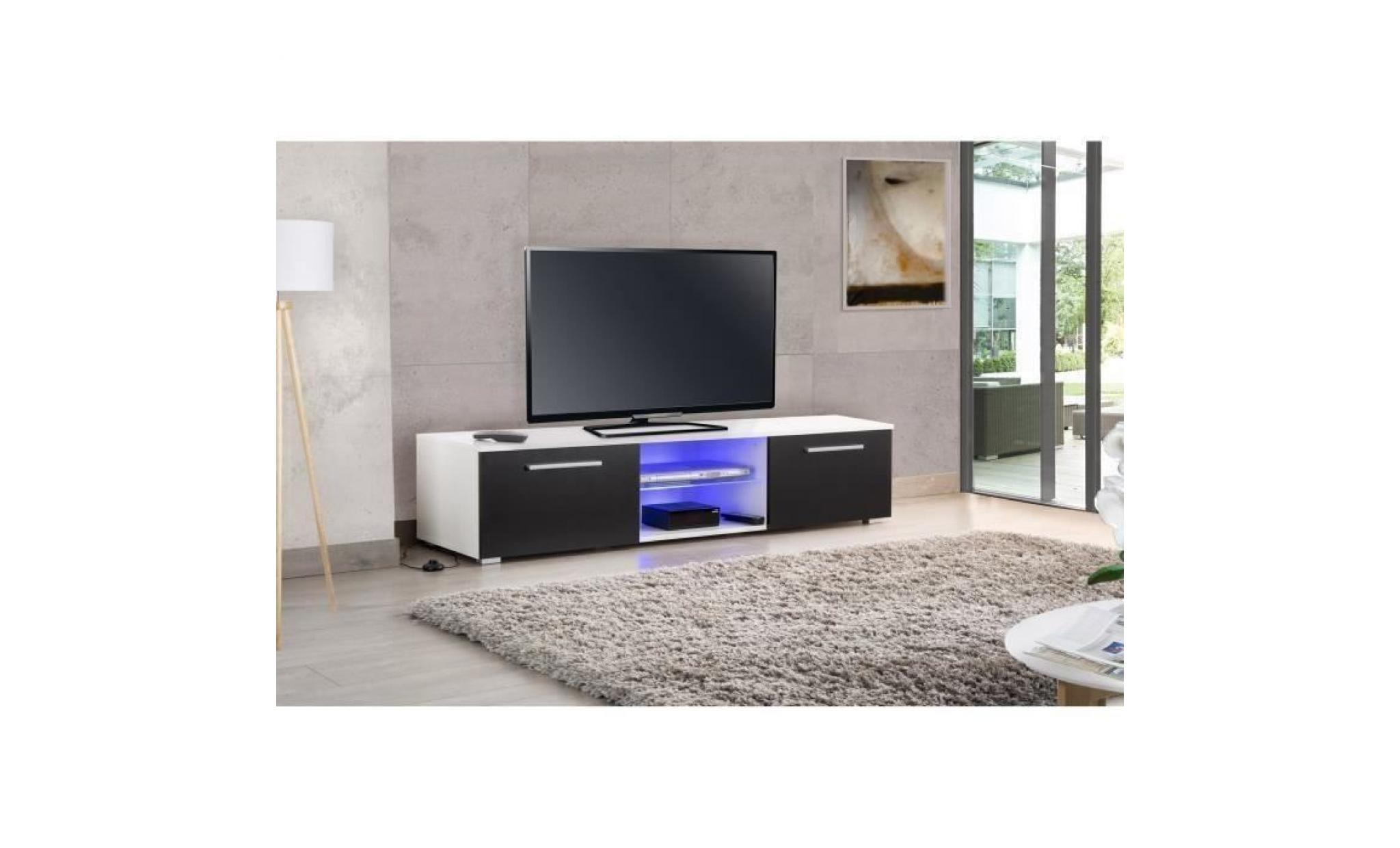 helsinky meuble tv led contemporain en bois mélaminé laqué blanc et noir brillant + étagères en verre   l160cm