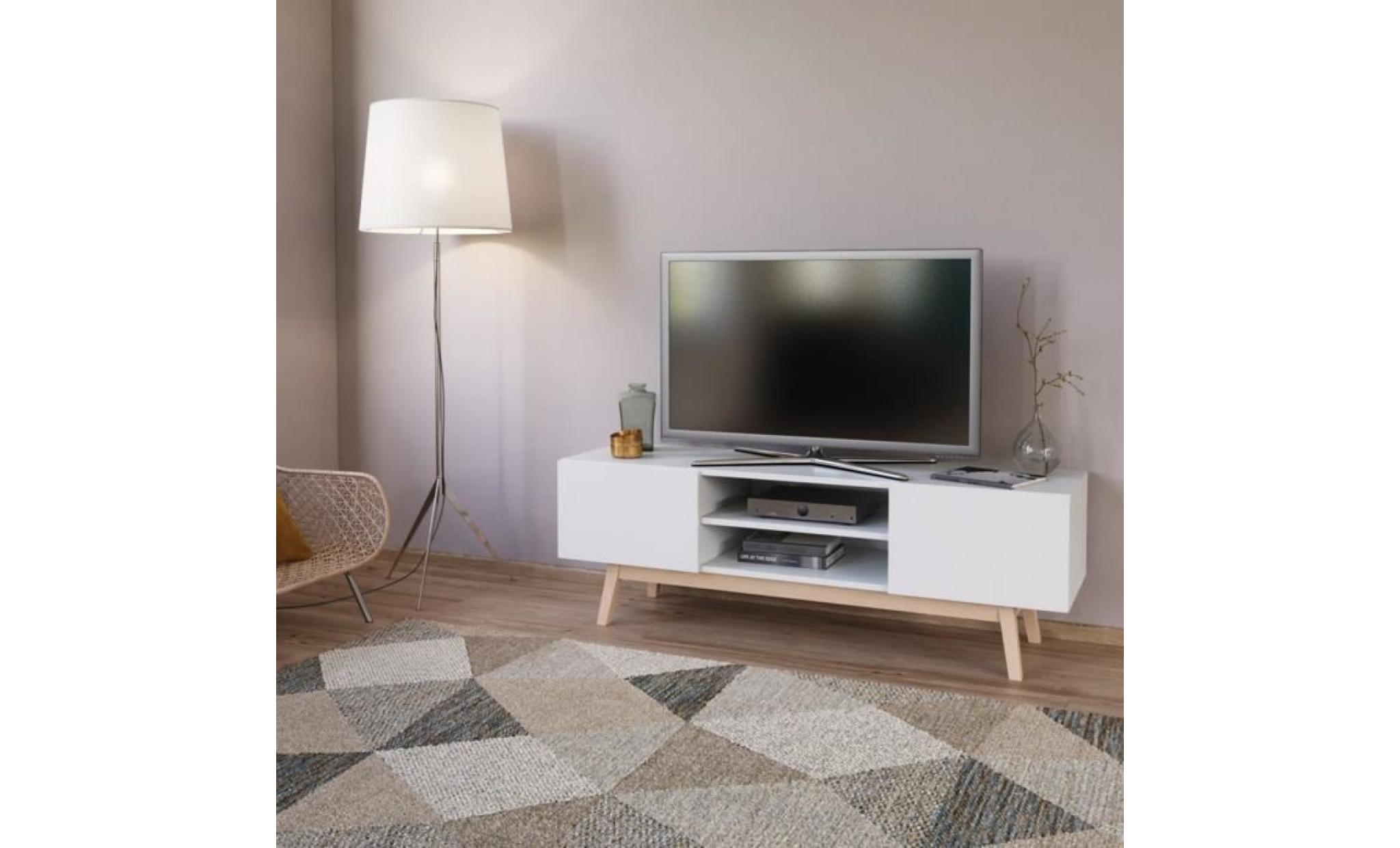 home meuble tv scandinave blanc satiné avec pieds bois tilleul massif   l 140 cm pas cher