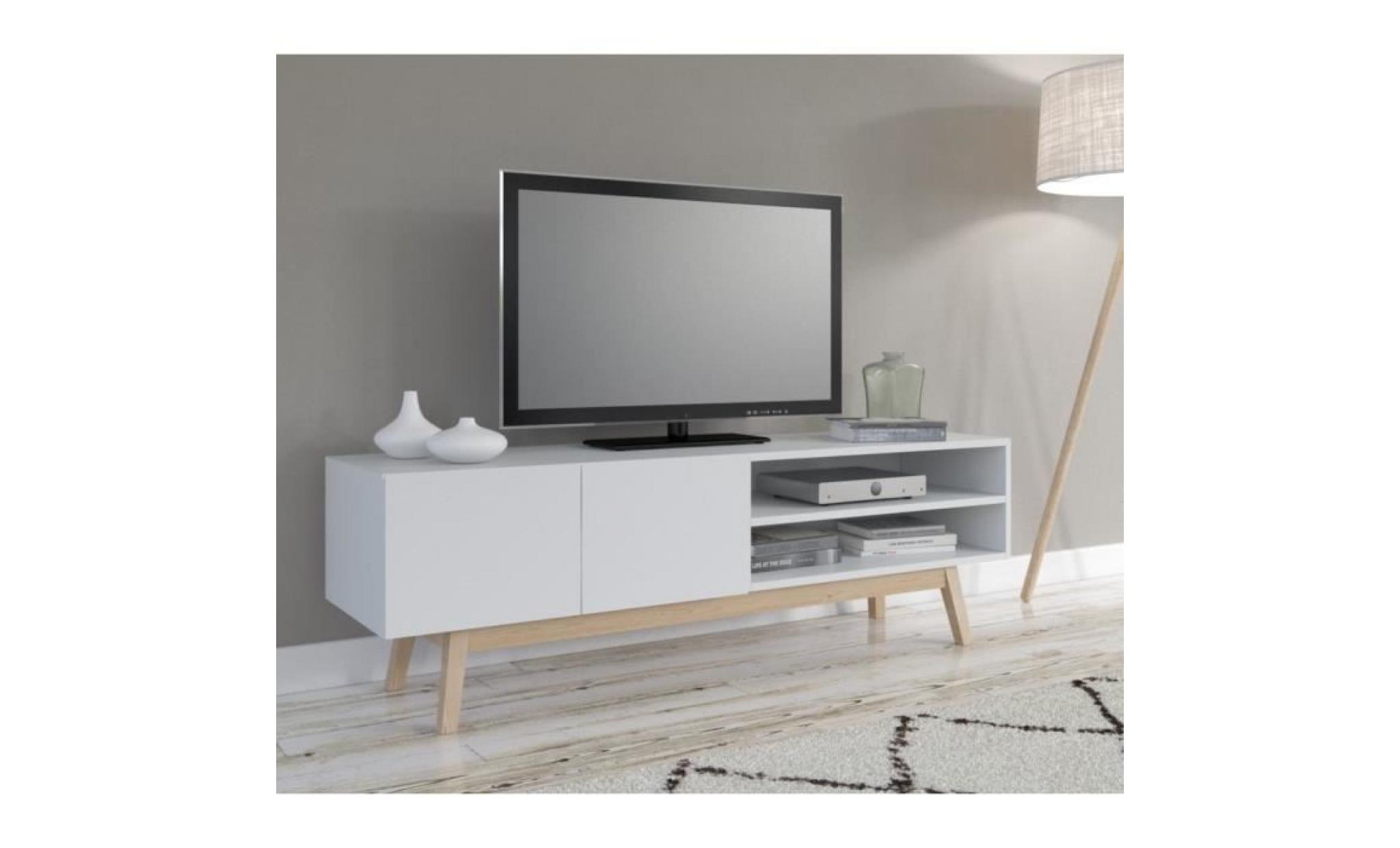 home meuble tv scandinave laqué blanc + piétement en bois massif   l 160 cm pas cher