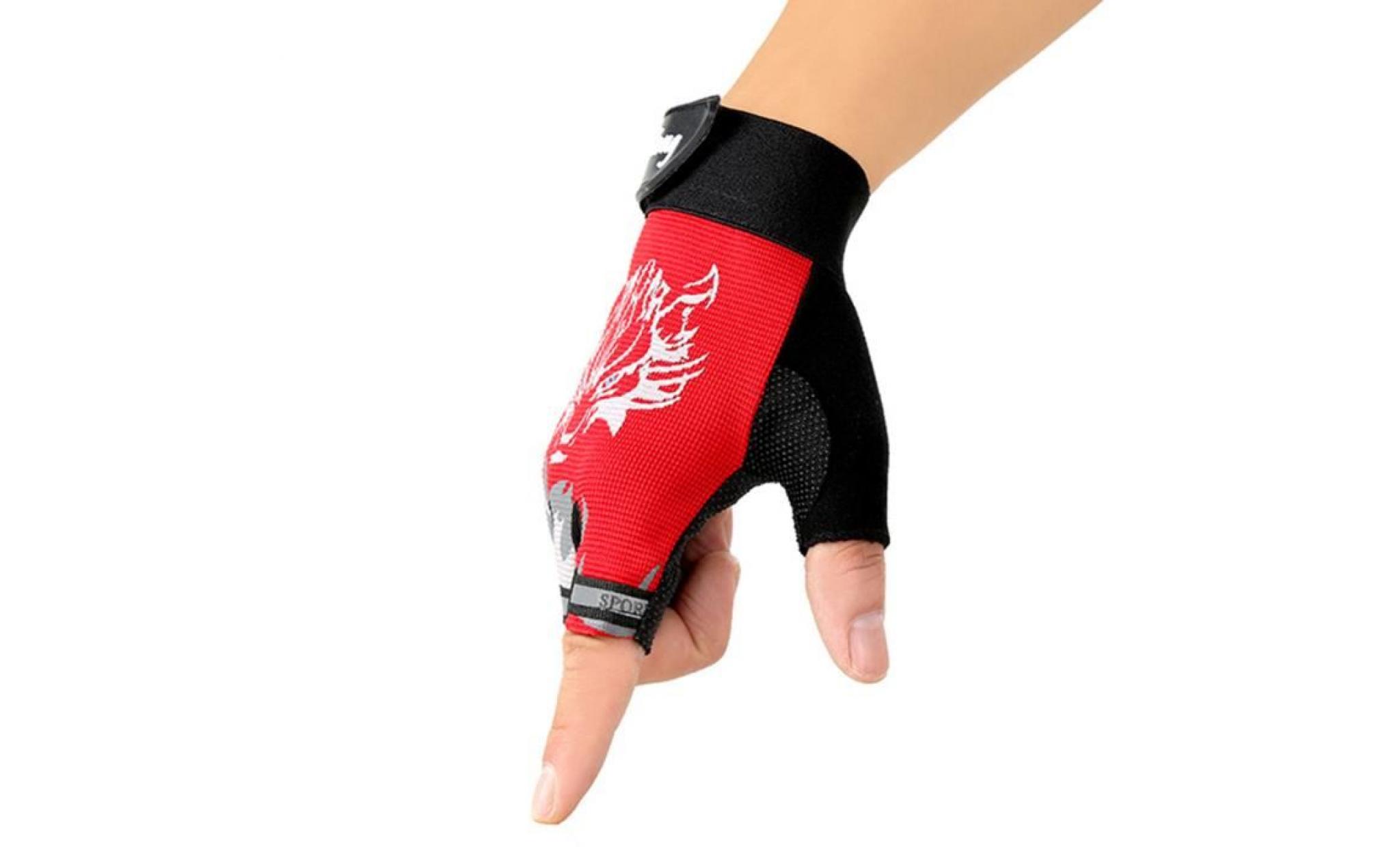 hommes femmes mitaines à imprimé loup demi doigts gants de sport sans doigts antidérapants rouges