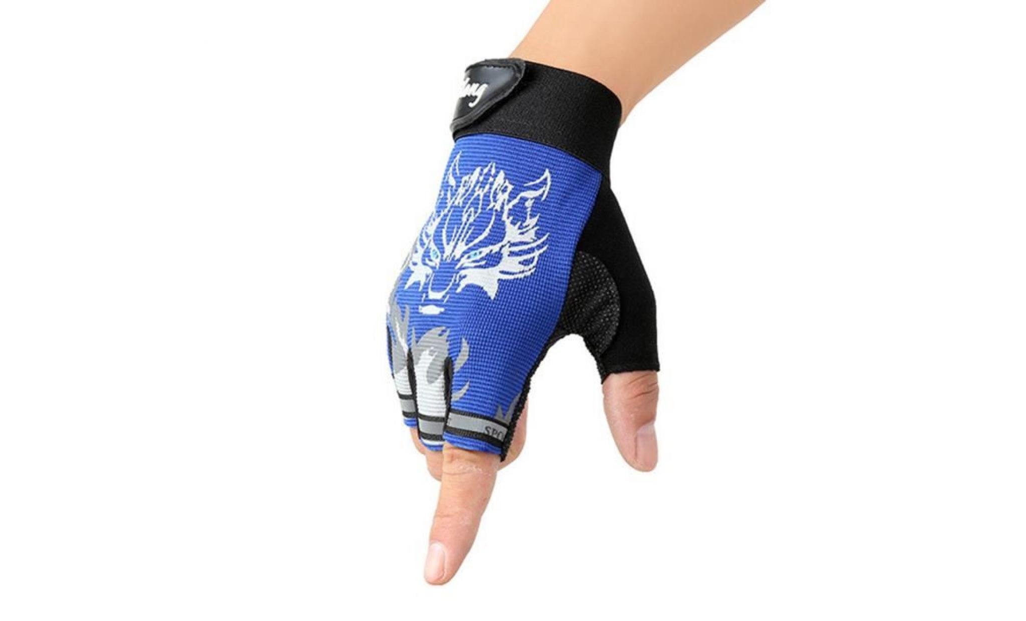 hommes femmes mitaines wolf imprimées à demi doigts gants de sport sans doigts antidérapants bleu