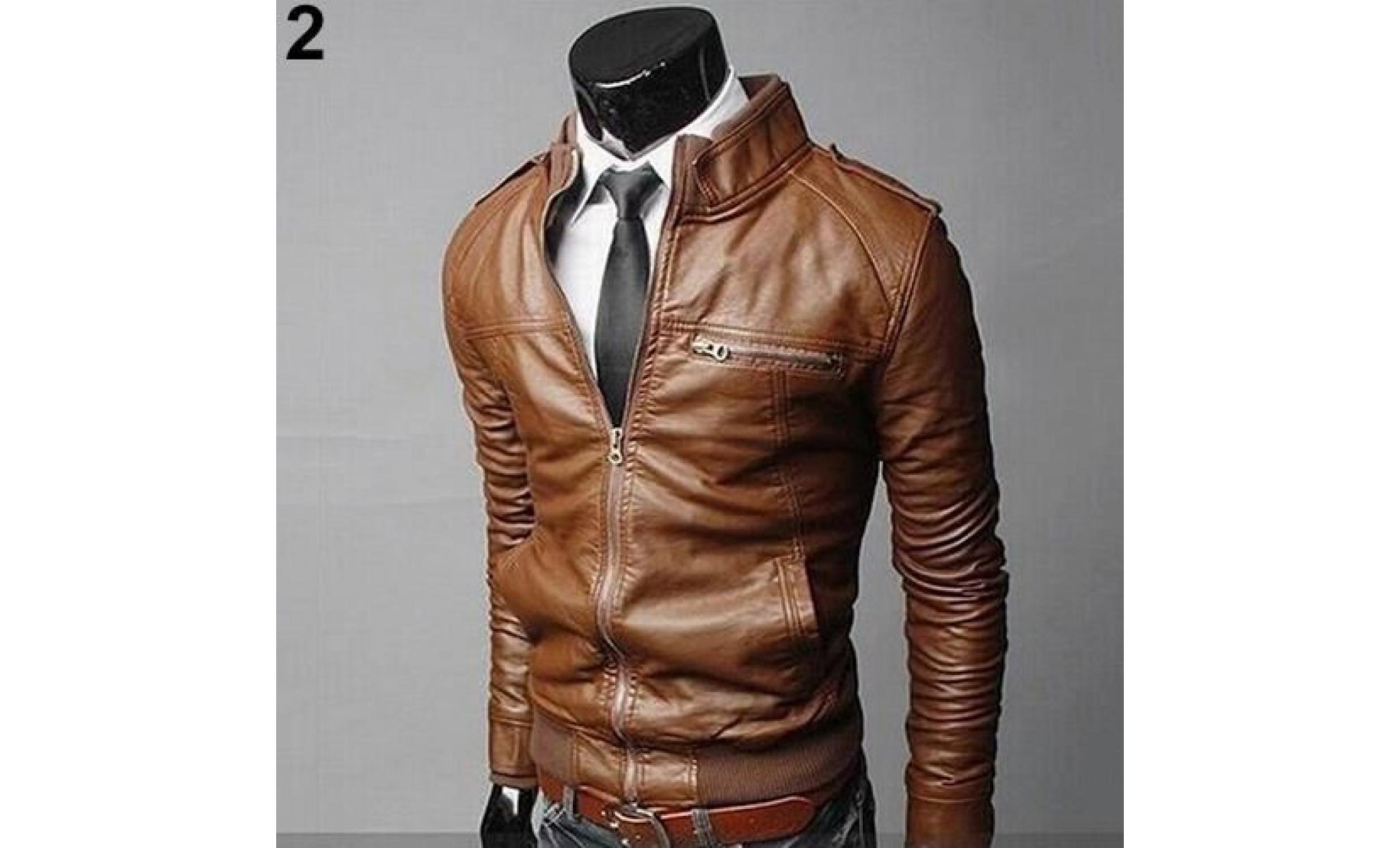 hommes hiver mode cool zipper pocket faux cuir bomber veste manteau survêtement brun foncé l