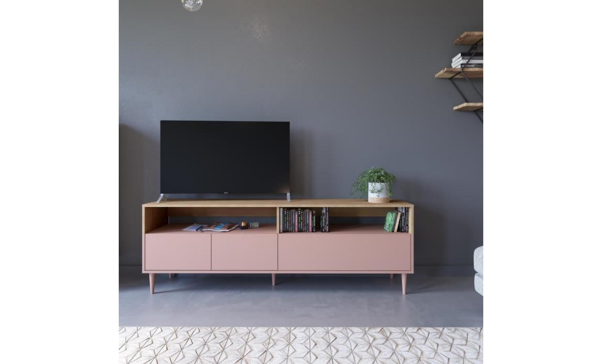 horizon meuble tv contemporain décor chêne   pieds fuseau noir mat   l 180 cm pas cher