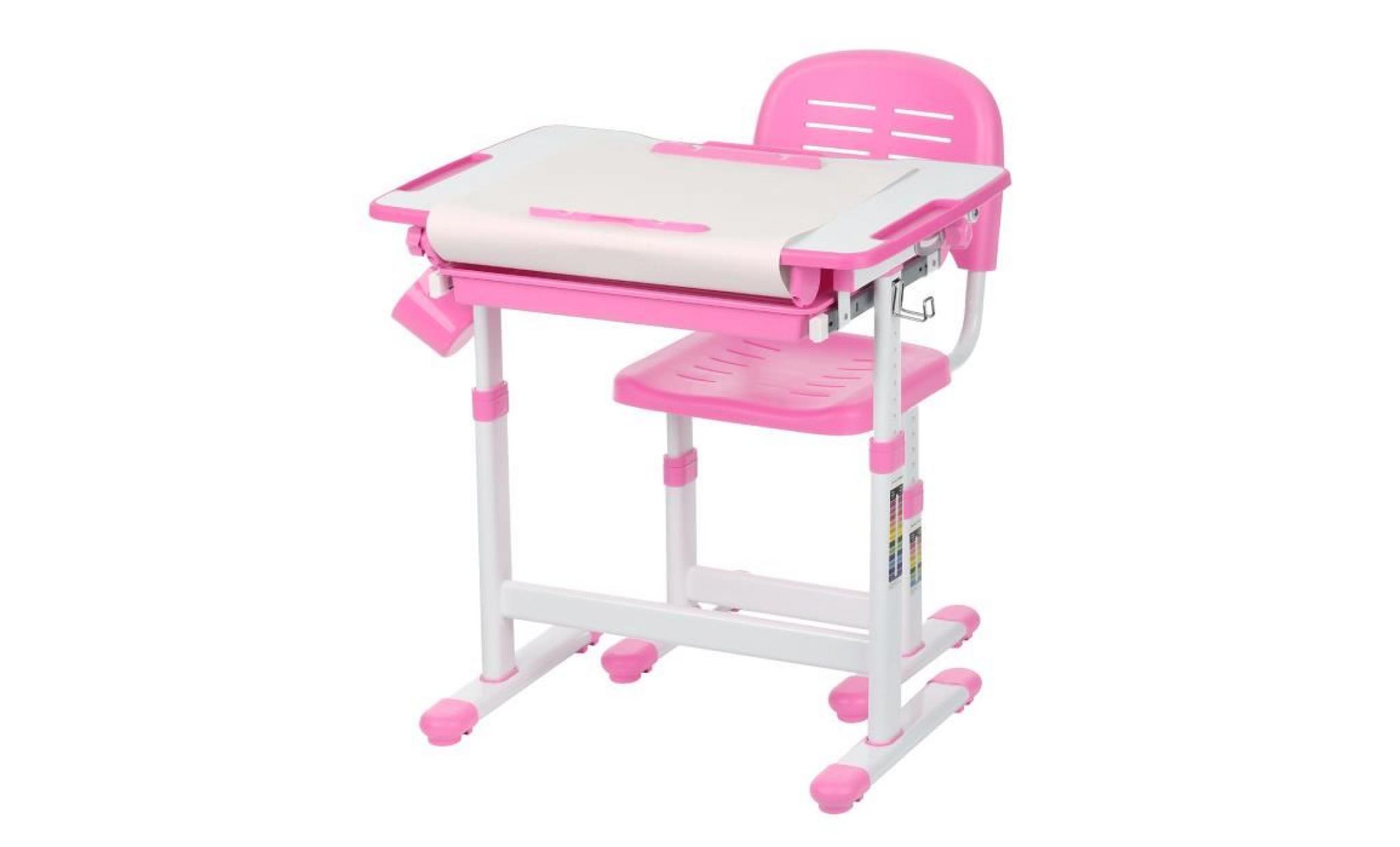 ikayaa enfant table et chaise hauteur réglable 0 à 40 ° inclinable en métal plastique rose avec tiroir et rouleau de papier pour