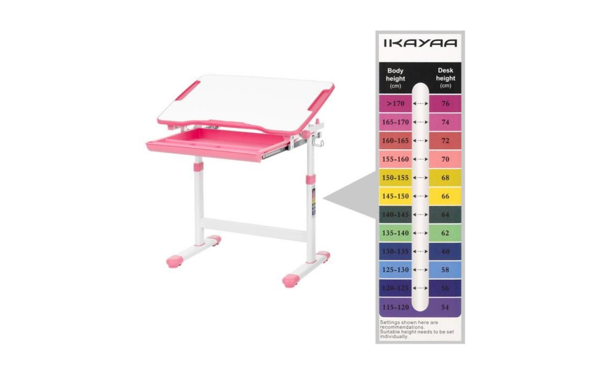 ikayaa enfant table et chaise hauteur réglable 0 à 40 ° inclinable en métal plastique rose avec tiroir et rouleau de papier pour pas cher