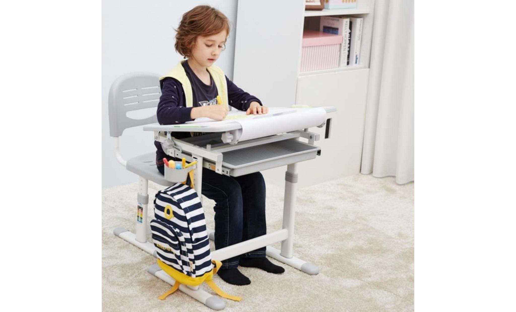 ikayaa enfants table + chaise hauteur réglable 0 à 40 ° inclinable multifonction gris pour écriture dessin avec tiroir et rouleau pas cher