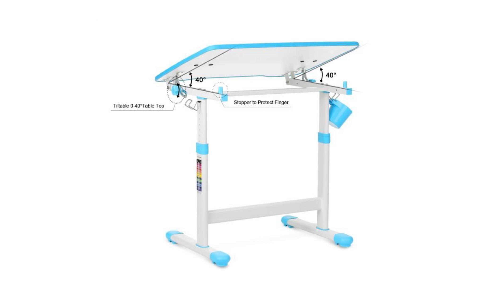 ikayaa table+chaise hauteur ajustable 0 à 40 ° inclinable ergonomique bleu pour enfants (3 à 10 ans ) écriture dessin pas cher
