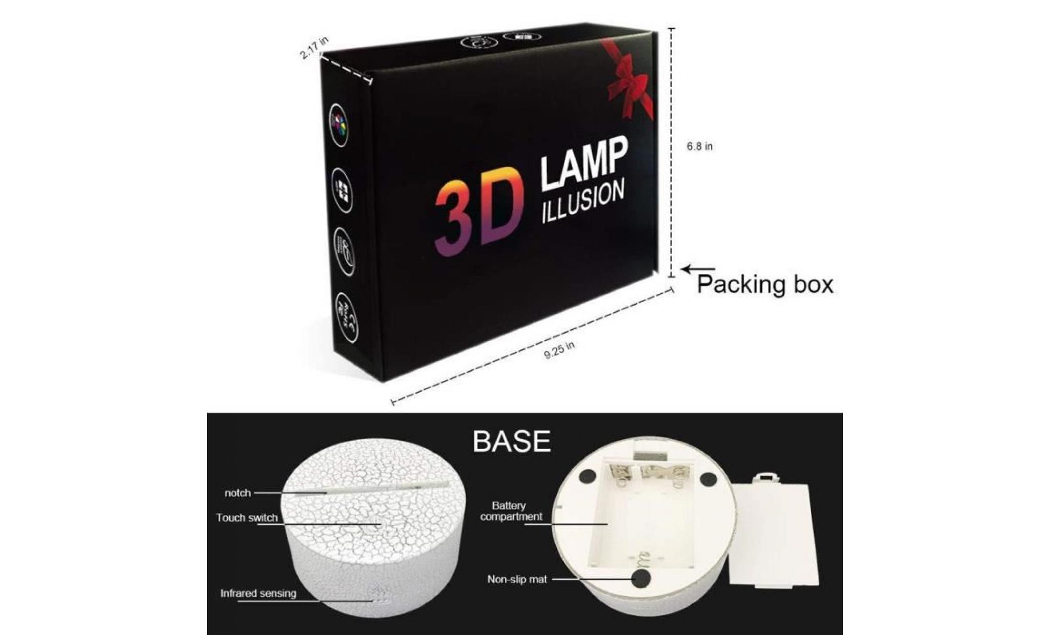 illusion 3d lumière de nuit à 7 couleurs tactile lumière led avec télécommande télécommande méchant football base blanche fissure pas cher
