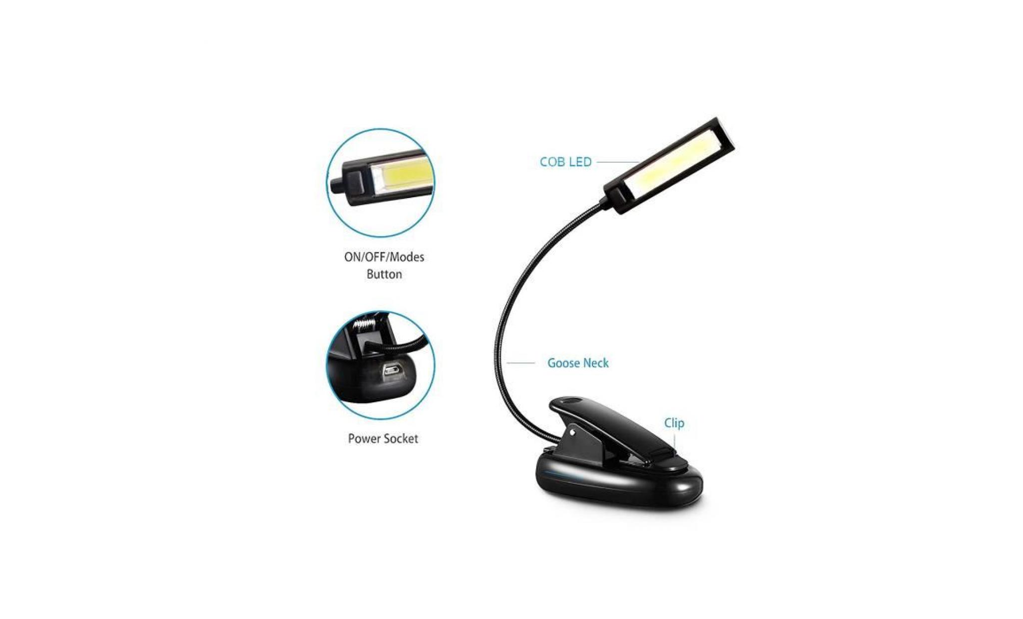 iportan® flexible usb clip on cob led light reading bureau d'étude lampe de table rechargeable blanc pas cher