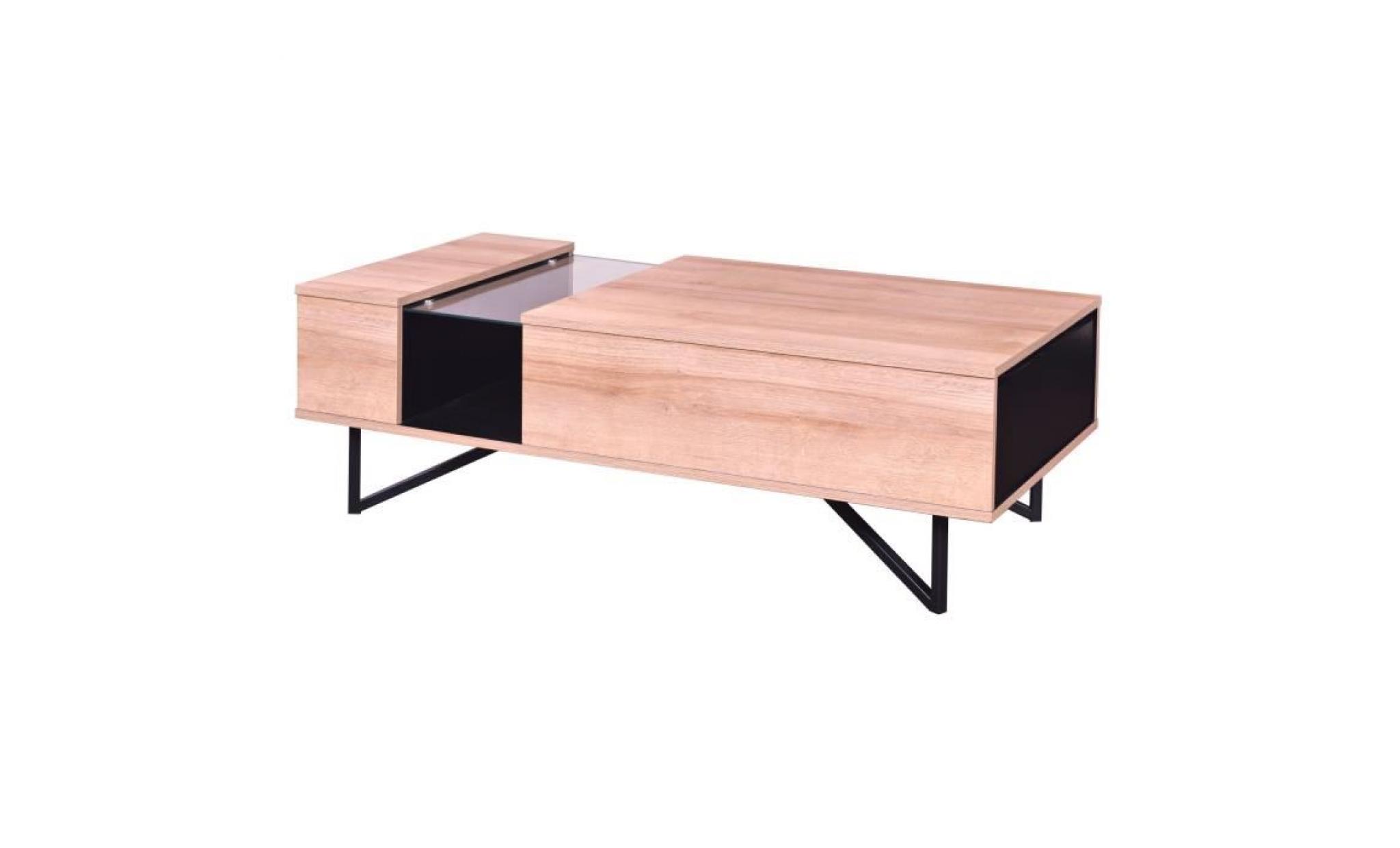 isano table basse vintage décor chêne + pieds en métal et tablettes en verre   l 120 x l 59 cm