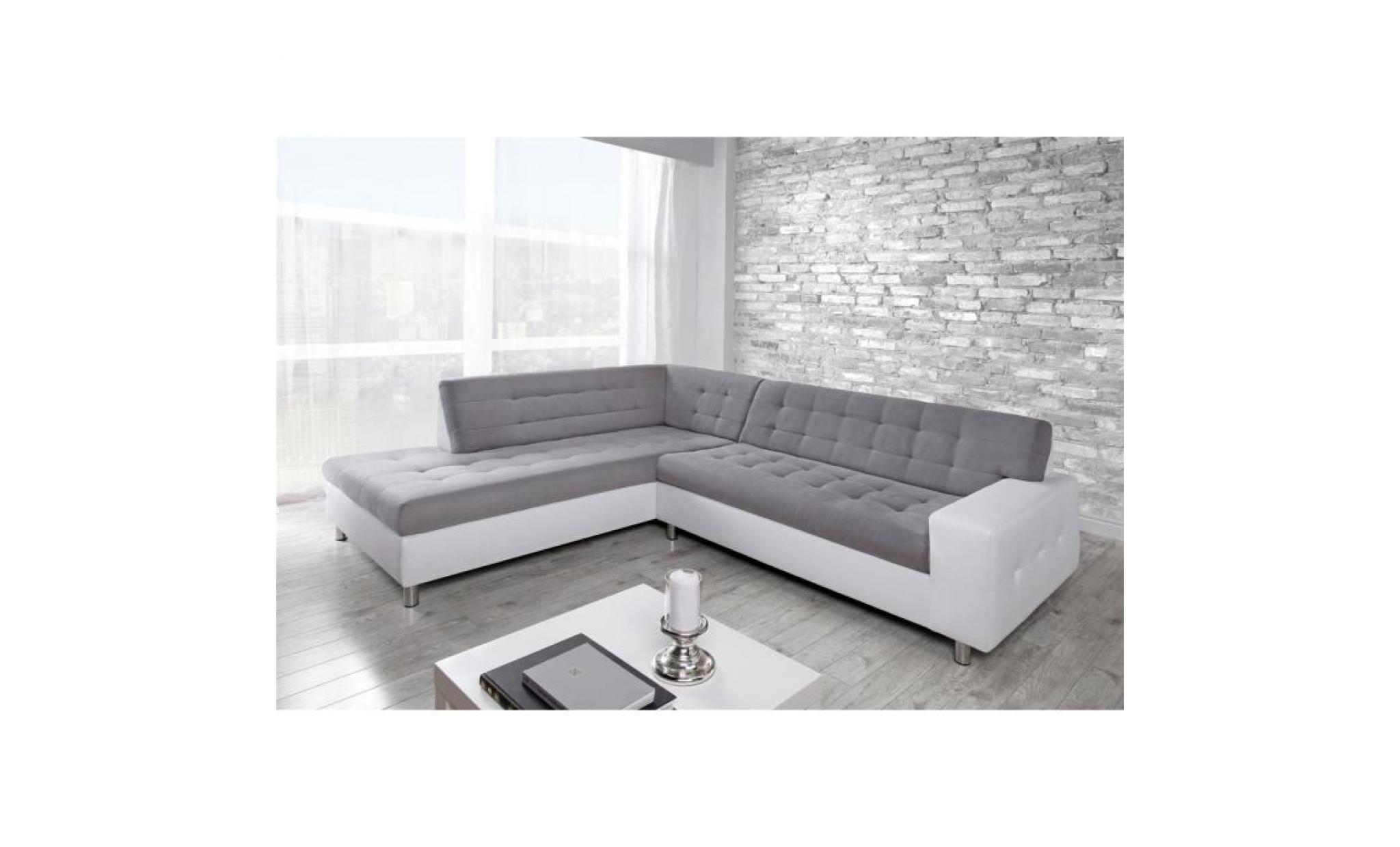 java canapé d'angle gauche 6 places   tissu gris et simili blanc   contemporain   l 250 x p 95   211 cm